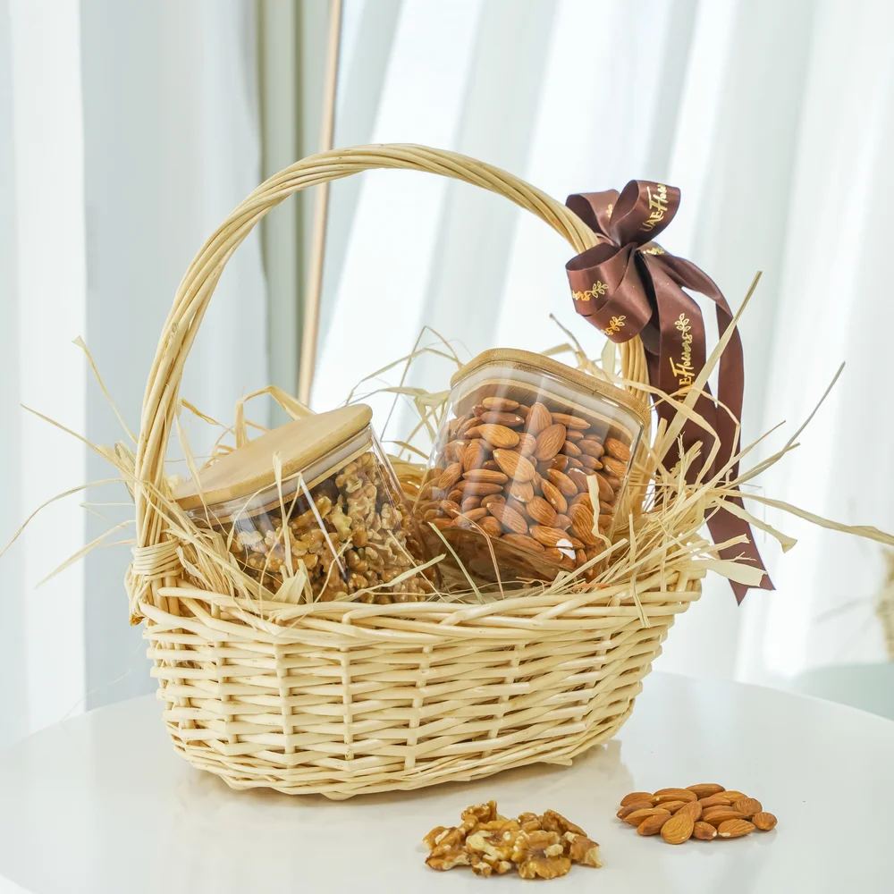 Walnuts and Almonds in a handle basket.