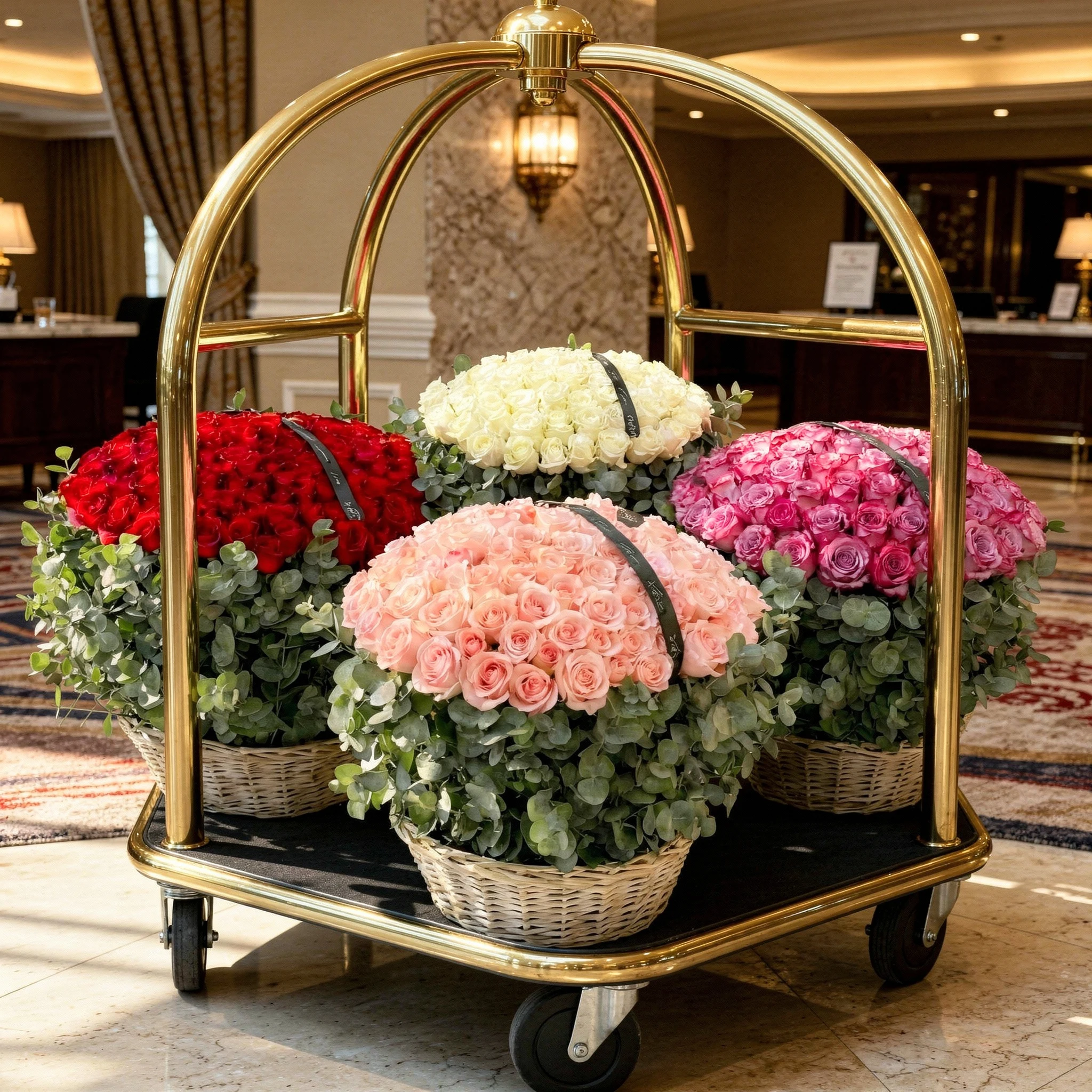 Four separate arrangements of 150 red roses, 150 white roses, 150 pink roses and 150 purple roses each beautifully arranged with eucalyptus leaves in a basket.