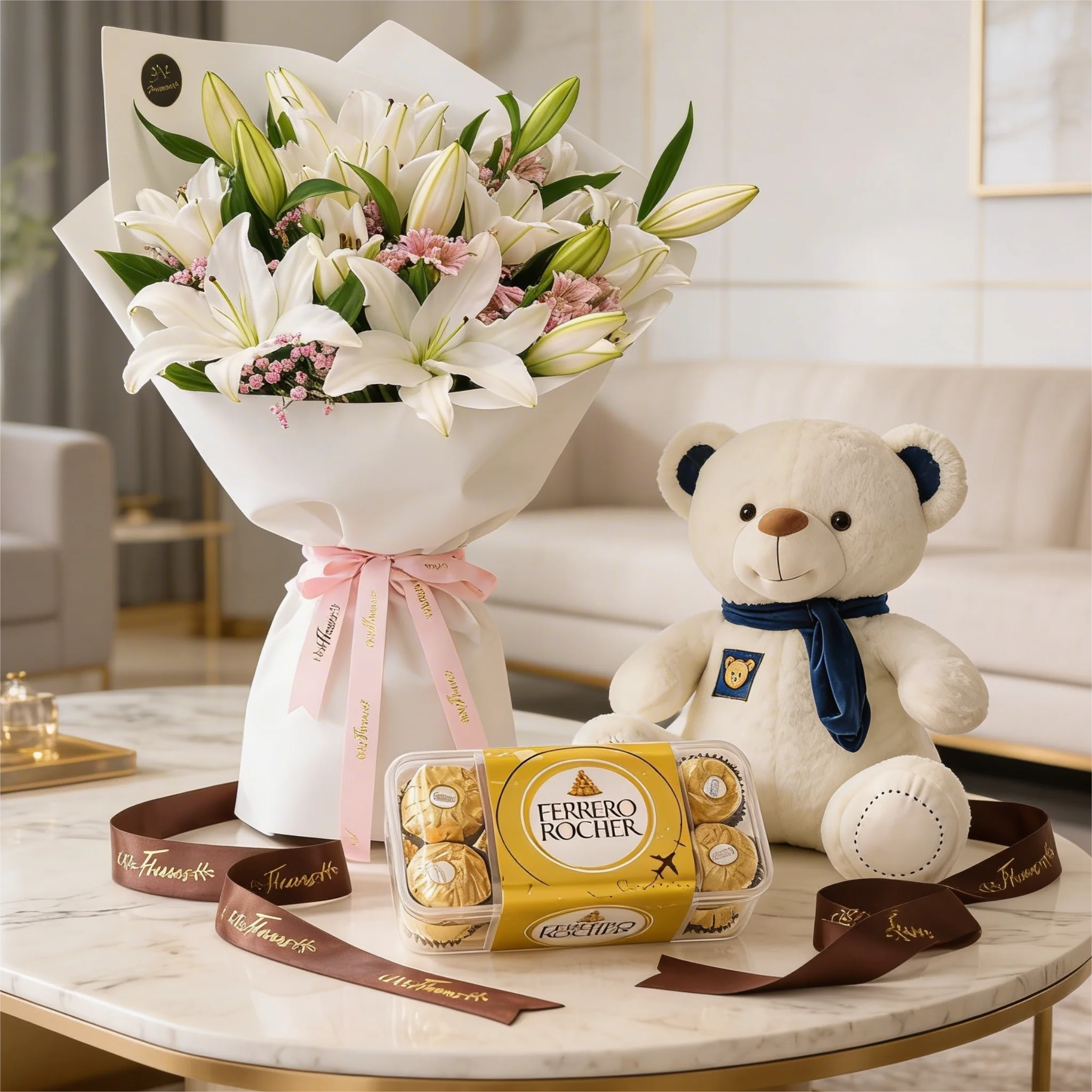 White lilies teddy Ferrero Rocher housewarming gift UAE Flowers Dubai
