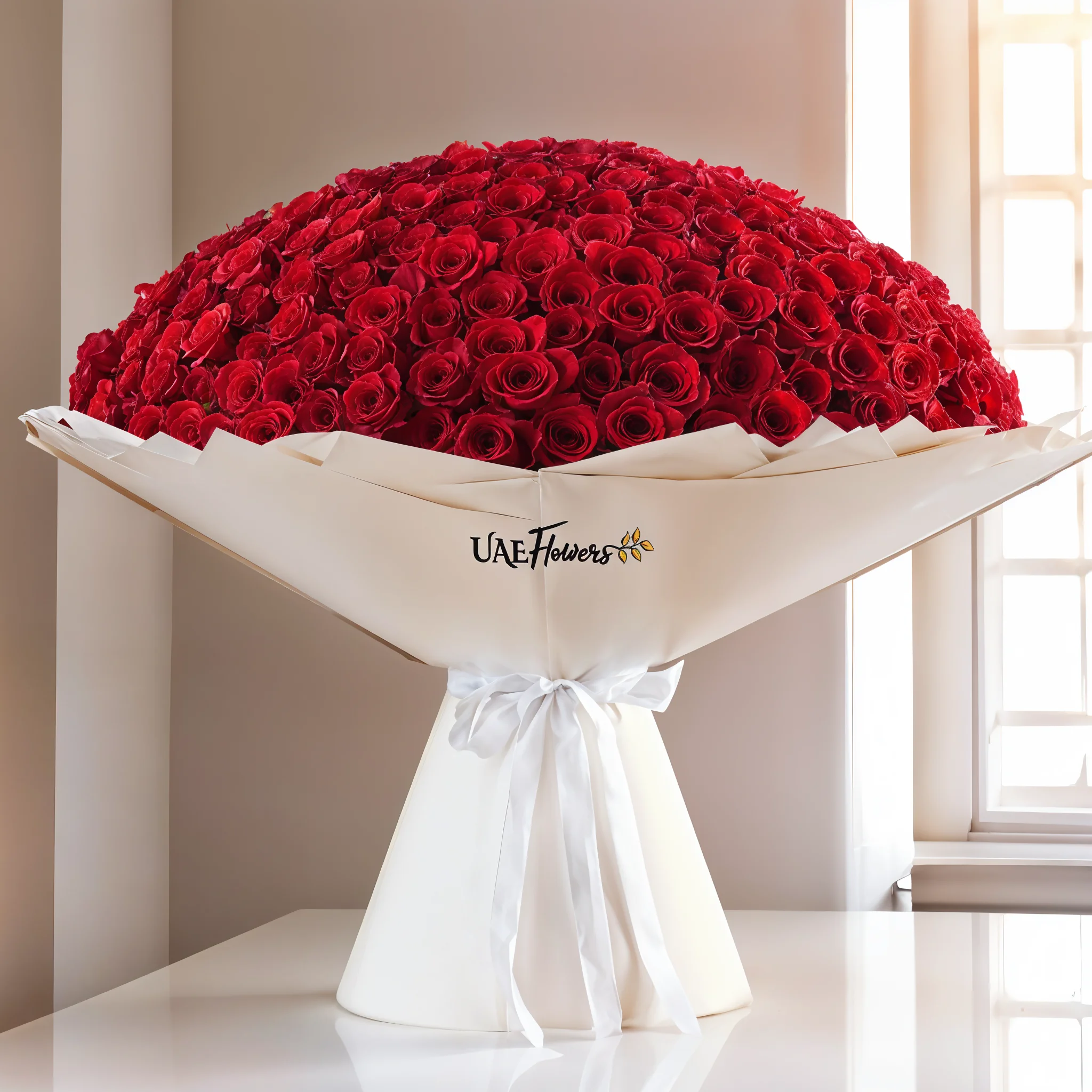 A bouquet of 365 red roses, wrapped in off-white paper and tied with a white ribbon A bouquet of 365 red roses, wrapped in off-white paper and tied with a white ribbon