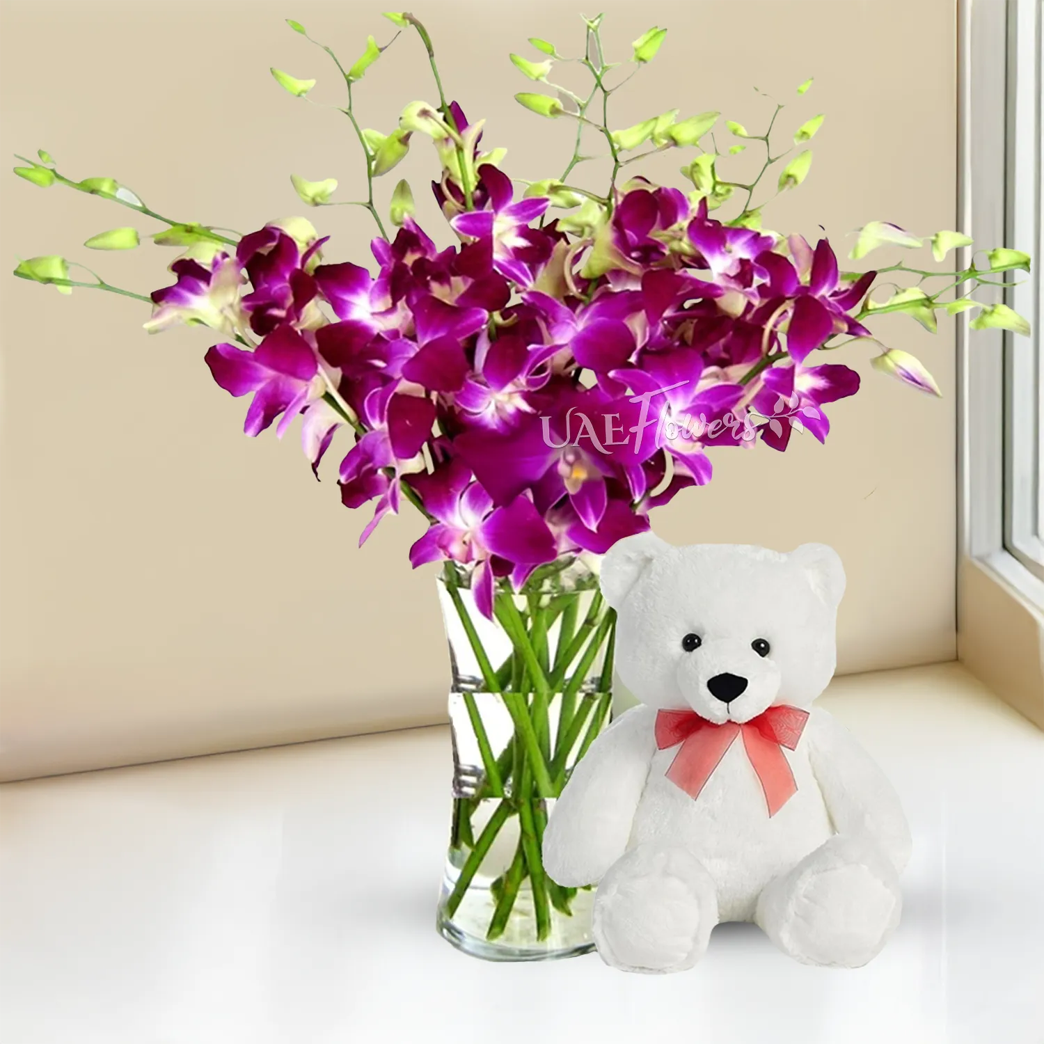 10 deep purple dendrobium orchids in a vase and 12-inch teddy bear