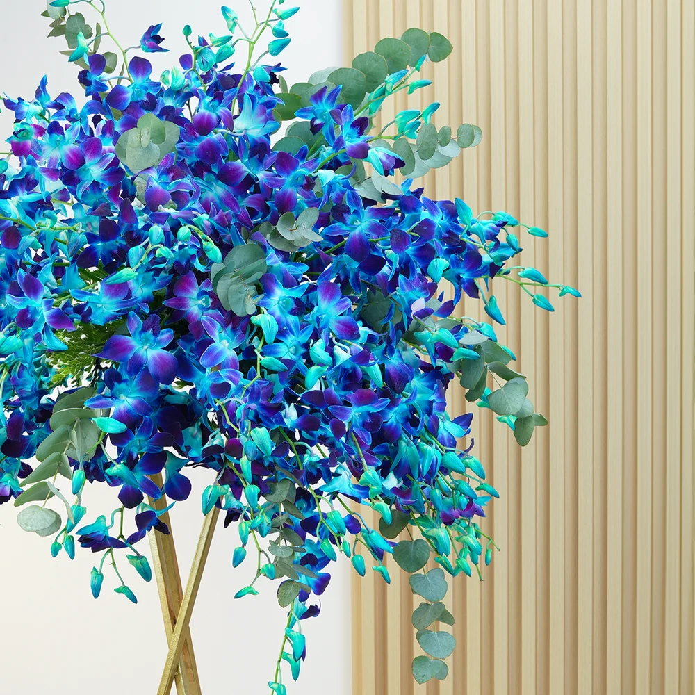 50 blue orchids arranged on a stand with elegant fillers.
