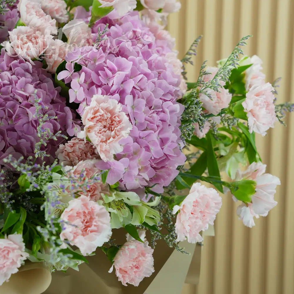 bouquet of 5 pink hydrangeas, 30 pink carnations, 10 white alstroemeria