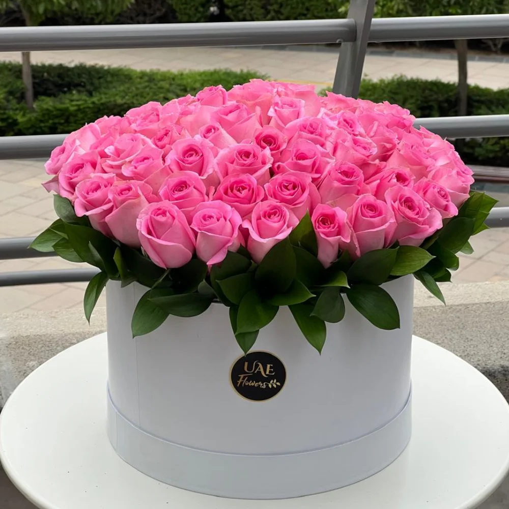 60 pink roses with green fillers arranged in a white round box