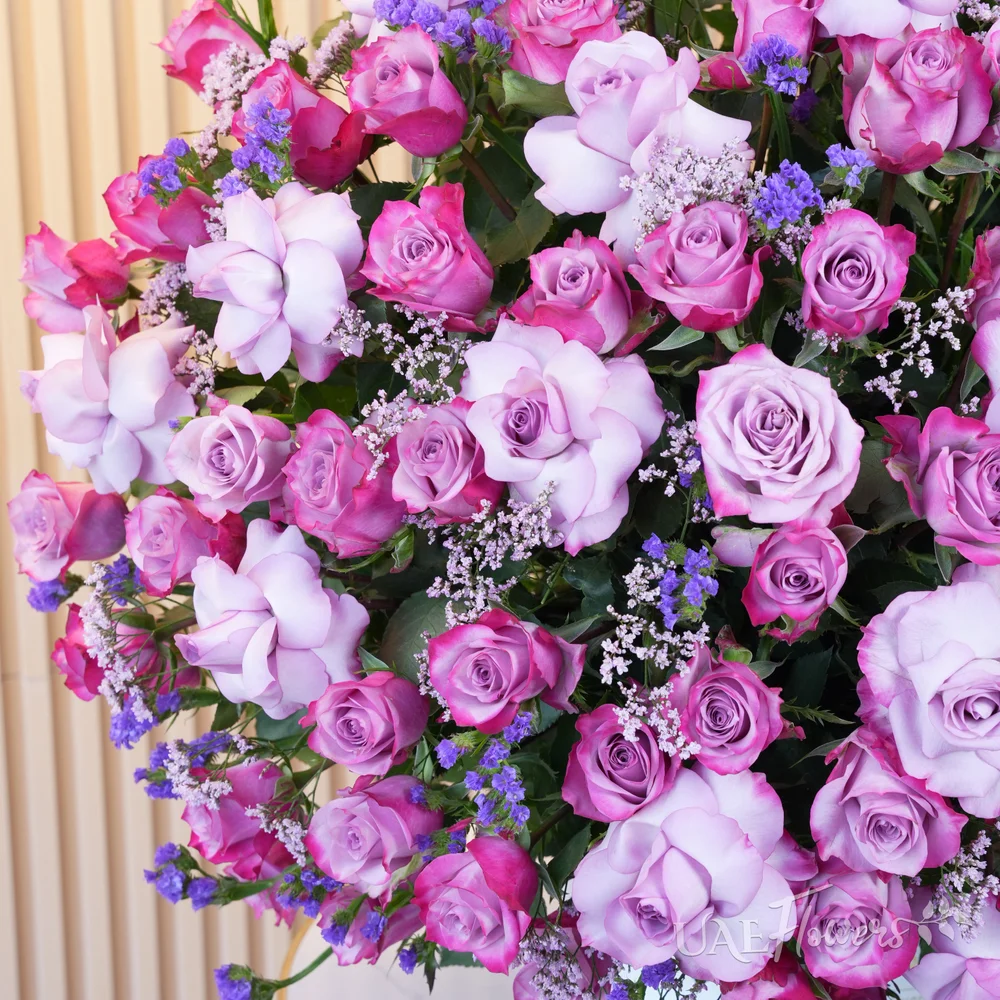 A half round arrangement of 100 purple roses, statice flowers with a lot of greens, & eucalyptus leaves in a round white box