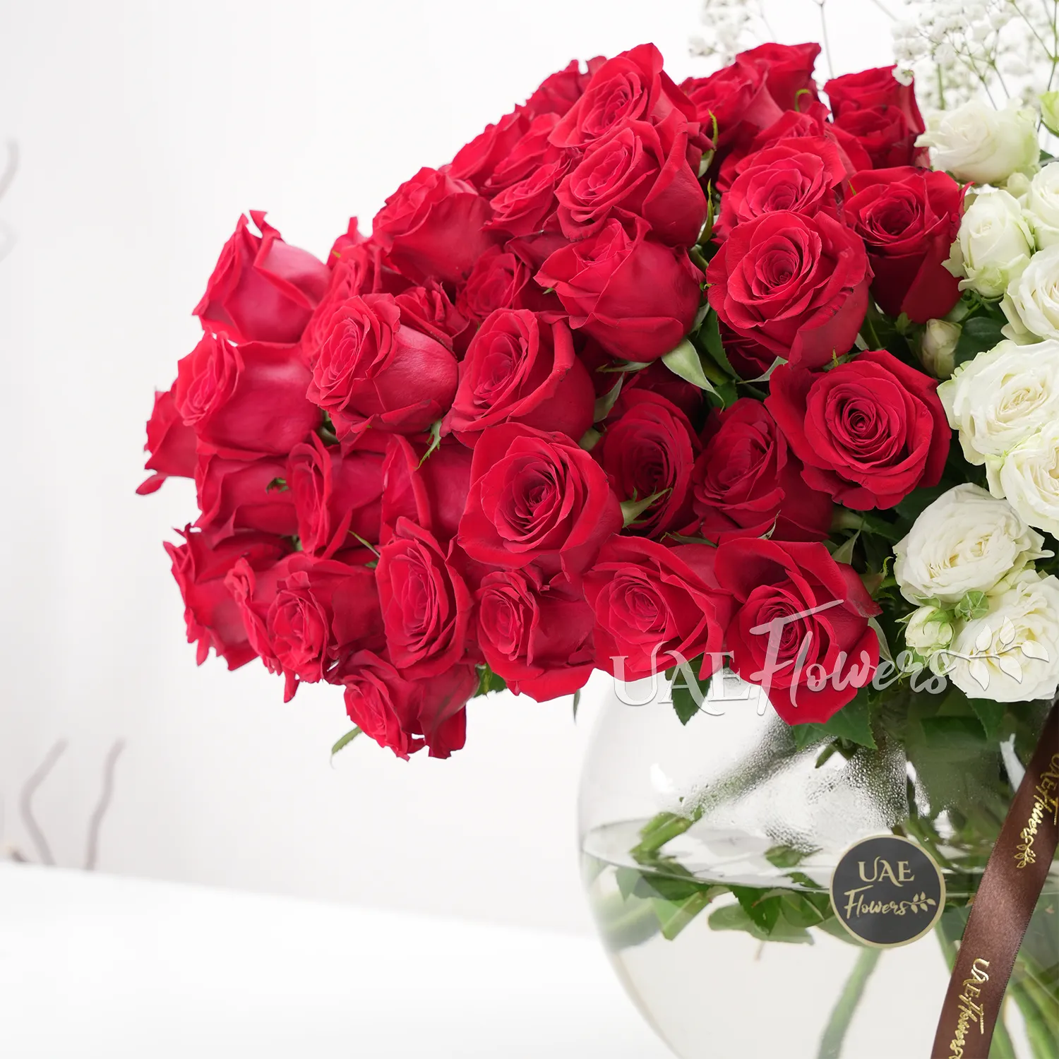 vase of 40 red roses and 10 white spray roses with baby's breath