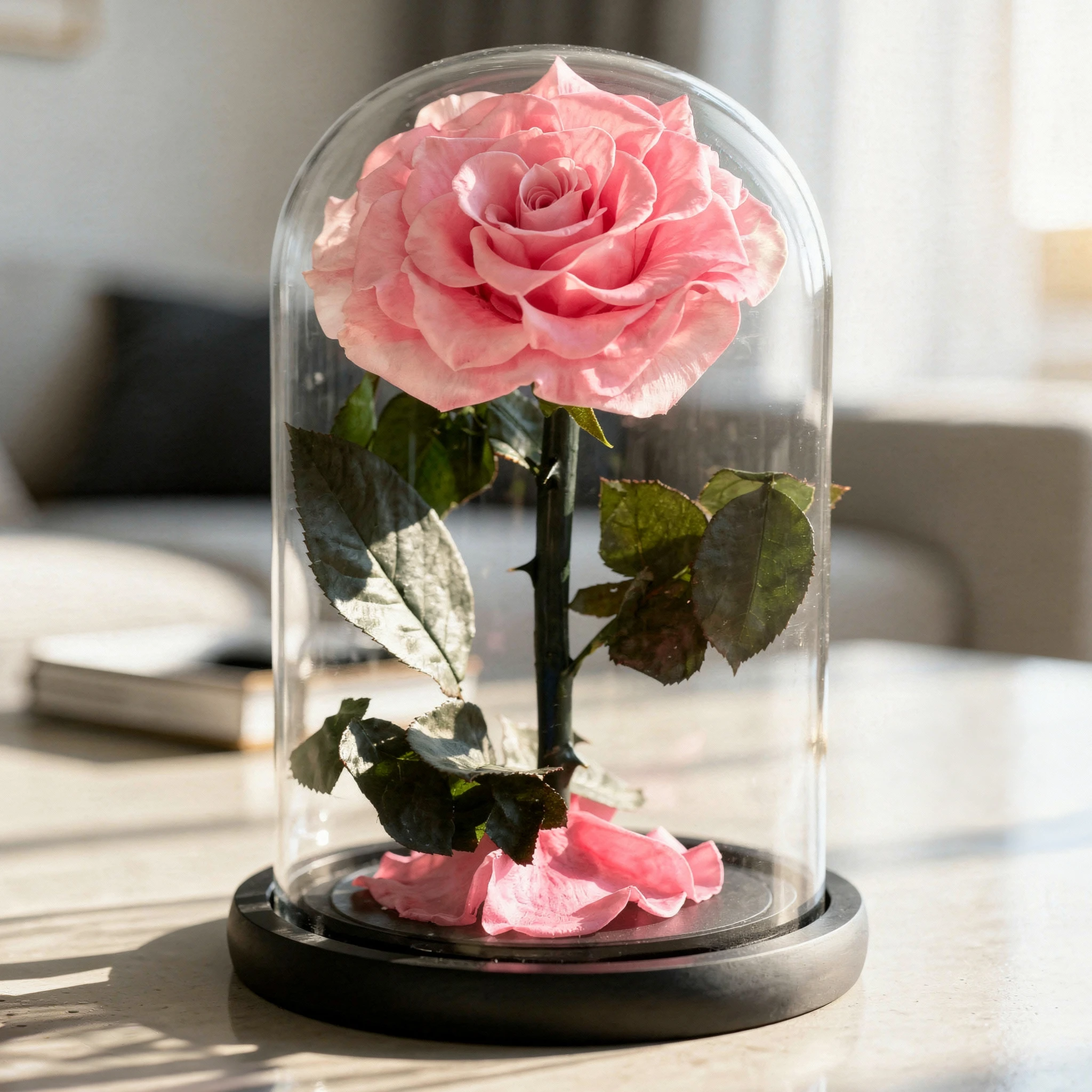 A pink forever rose in an elegant glass box