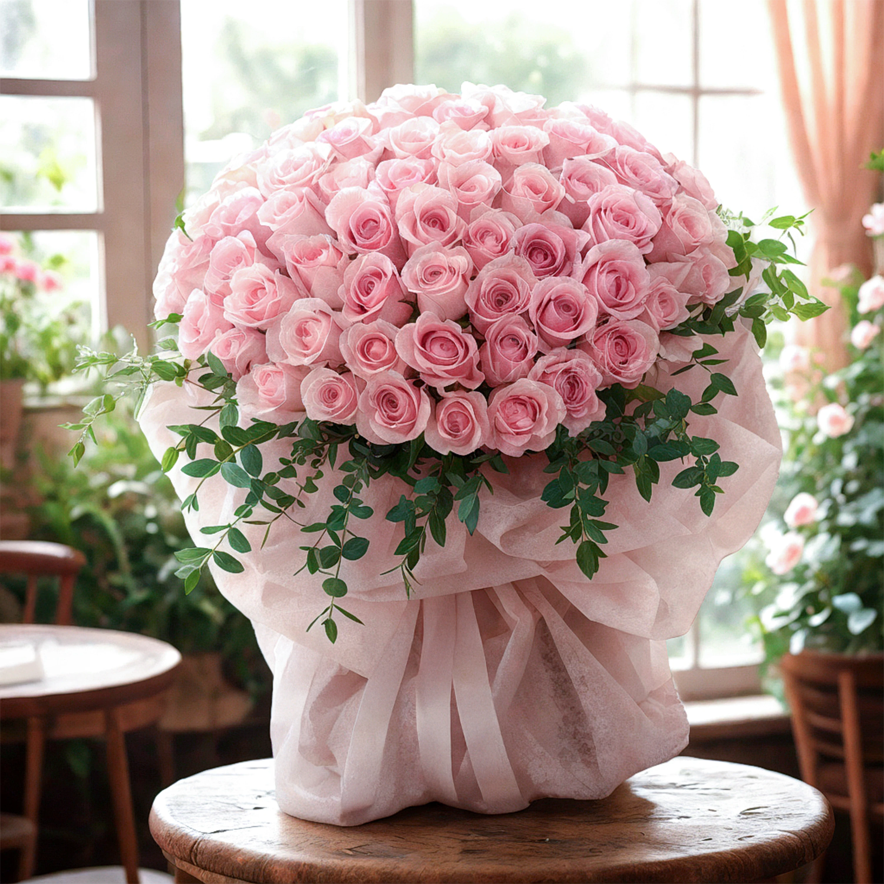 Bouquet of 40 Pink Roses with green fillers in nice wrapping Bouquet of 40 Pink Roses with green fillers in nice wrapping