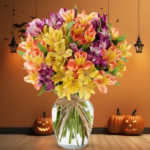 20 orange, 10 yellow, & 20 purple alstroemerias in a vase 20 orange, 10 yellow, & 20 purple alstroemerias in a vase