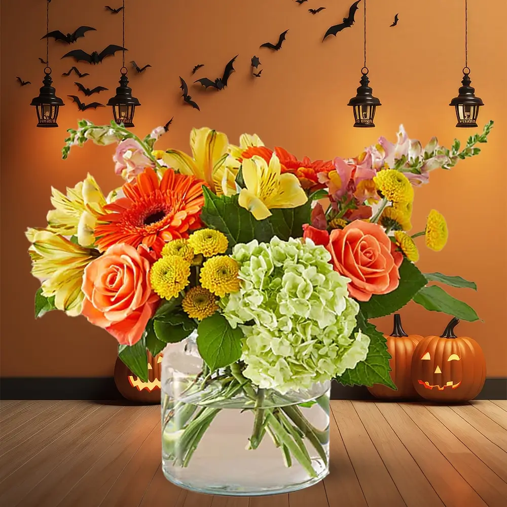 3 red gerberas, 3 orange roses, 2 yellow button chrysanthemums, 2 yellow alstroemeria, 1 green hydrangea, and fillers in a glass vase 3 red gerberas, 3 orange roses, 2 yellow button chrysanthemums, 2 yellow alstroemeria, 1 green hydrangea, and fillers in a glass vase