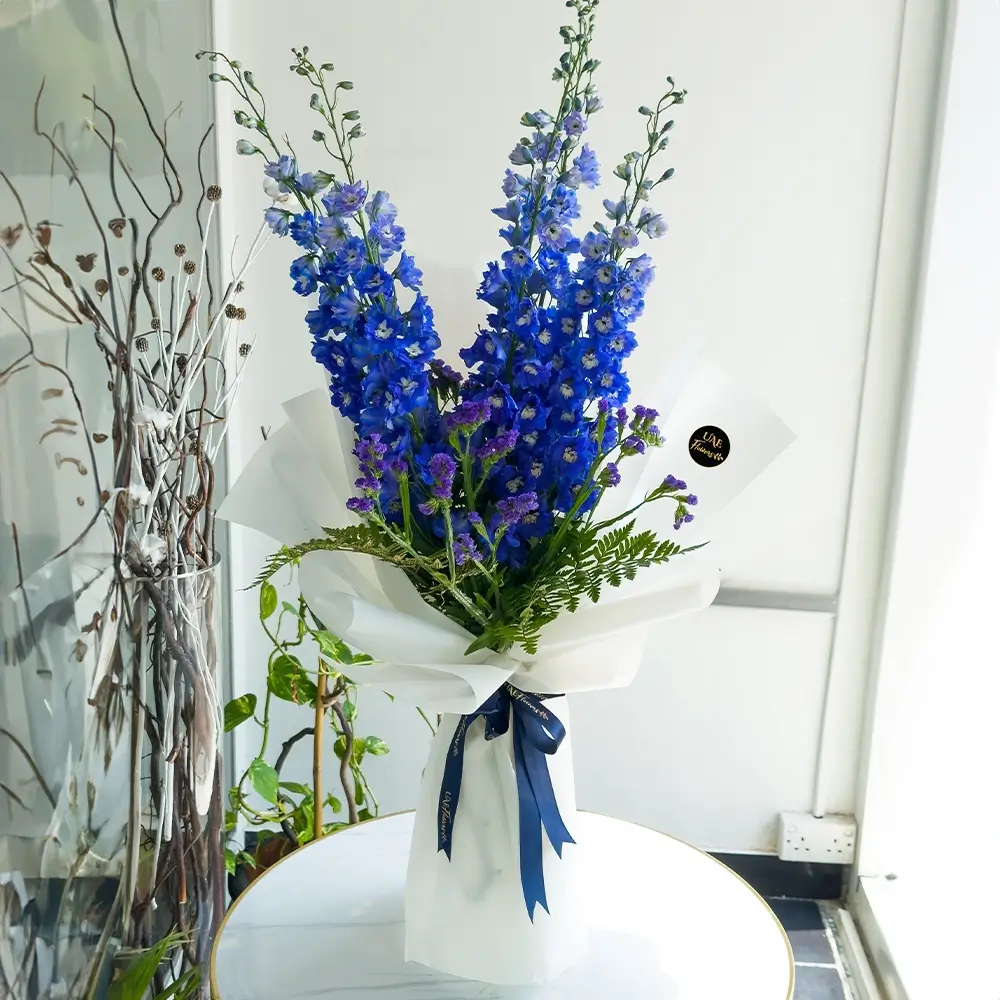 A bouquet of 5 blue delphinium with fillers in white wrapping paper tied with white ribbon