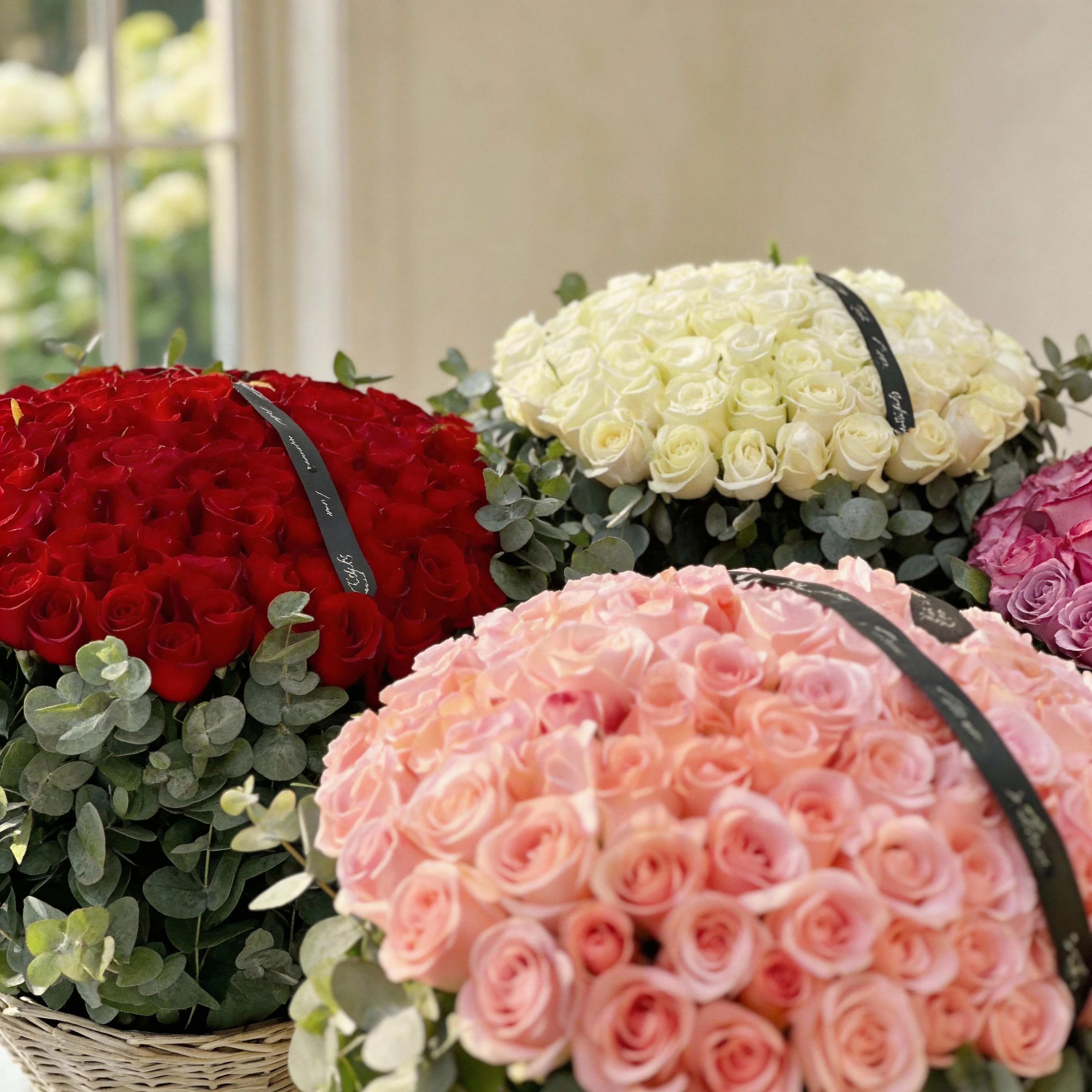 Four separate arrangements of 150 red roses, 150 white roses, 150 pink roses and 150 purple roses each beautifully arranged with eucalyptus leaves in a basket.