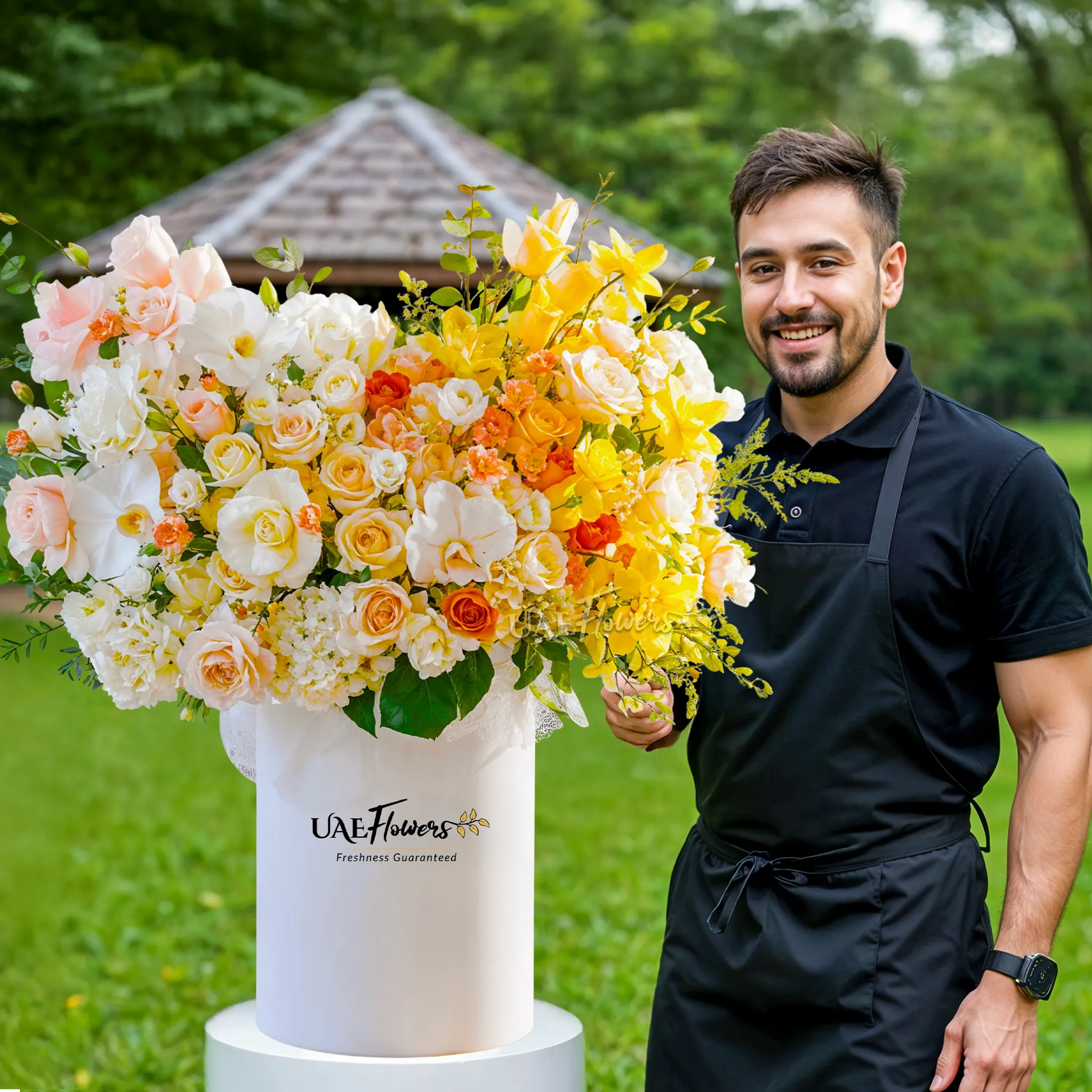 An arrangement of white lisianthus, peach spray carnations, white hydrangeas, yellow roses, orange roses, peach roses, cream roses, sprayed Yellow roses, sprayed yellow orchids and white cymbidium orchid with green fillers in a tall round box.