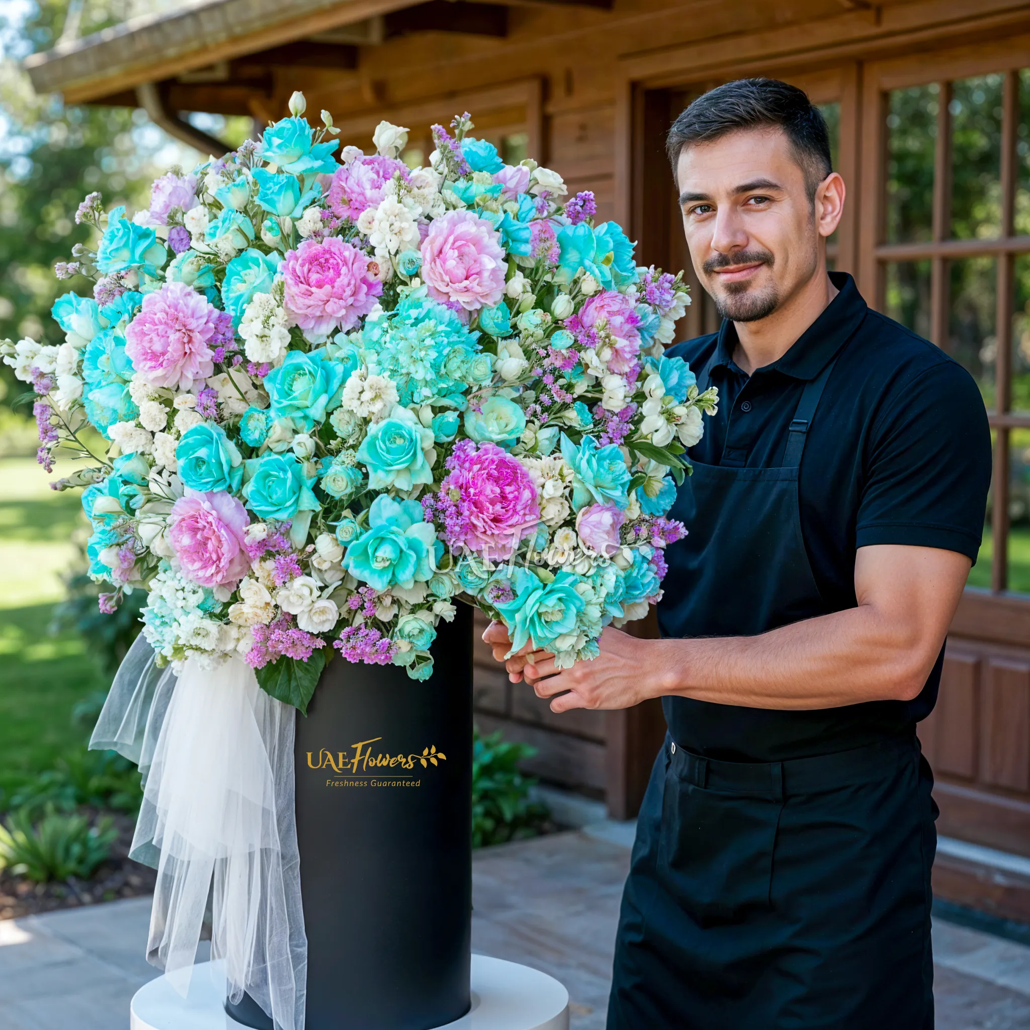 An arrangement of pink peonies, blue hydrangeas, blue color roses, white matthiola and white and blue spray roses with green fillers and white net in a tall round box.