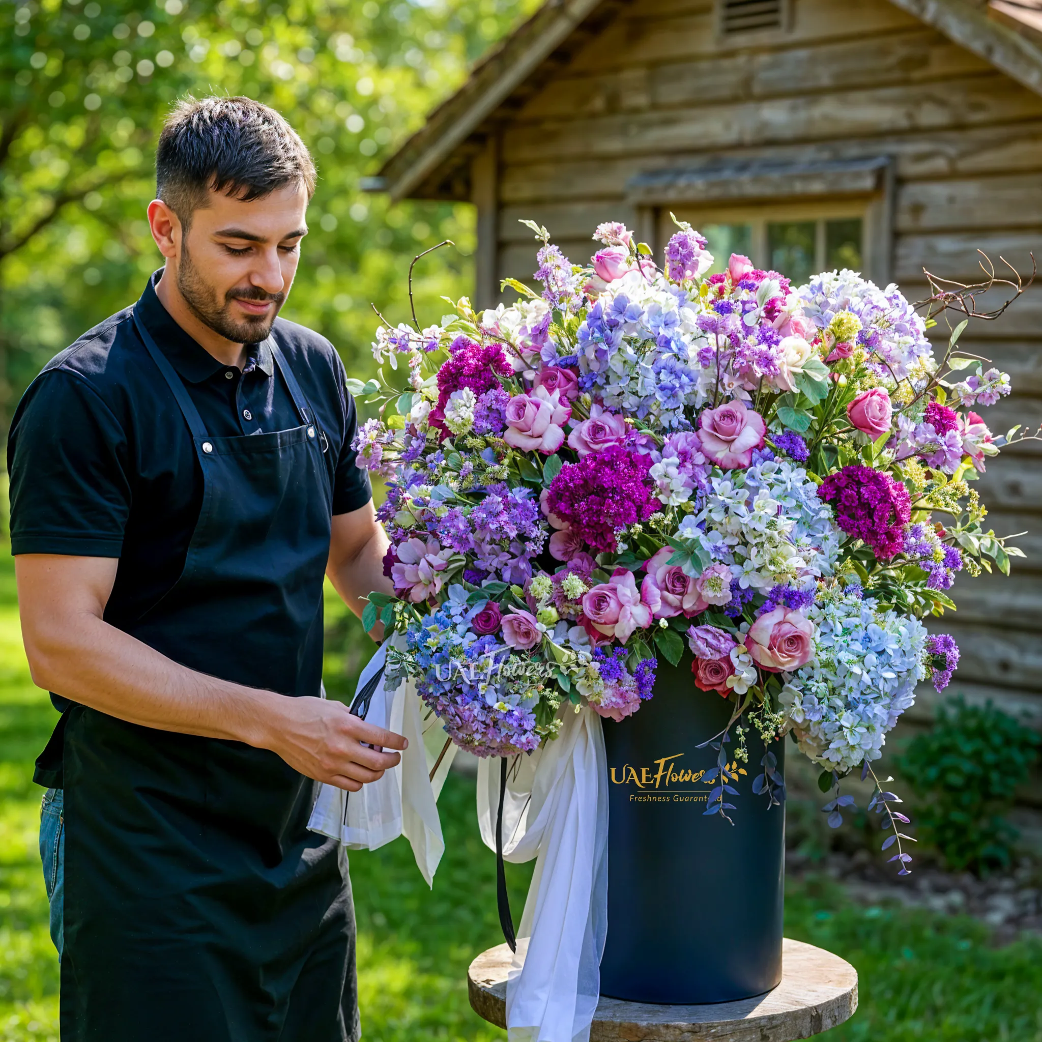 An arrangement of blue hydrangeas, purple roses, purple lisianthus, purple chrysanthemums, purple matthiola and green fillers and blue net in a tall round box.