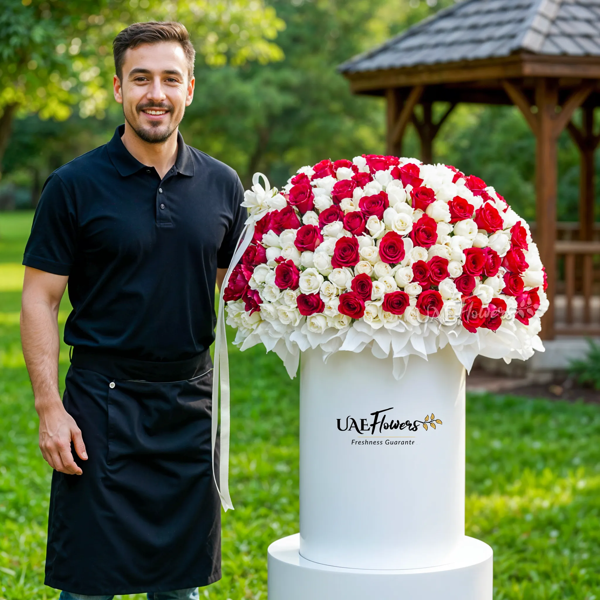 Full round arrangement of 300 red and white roses in a tall round box.