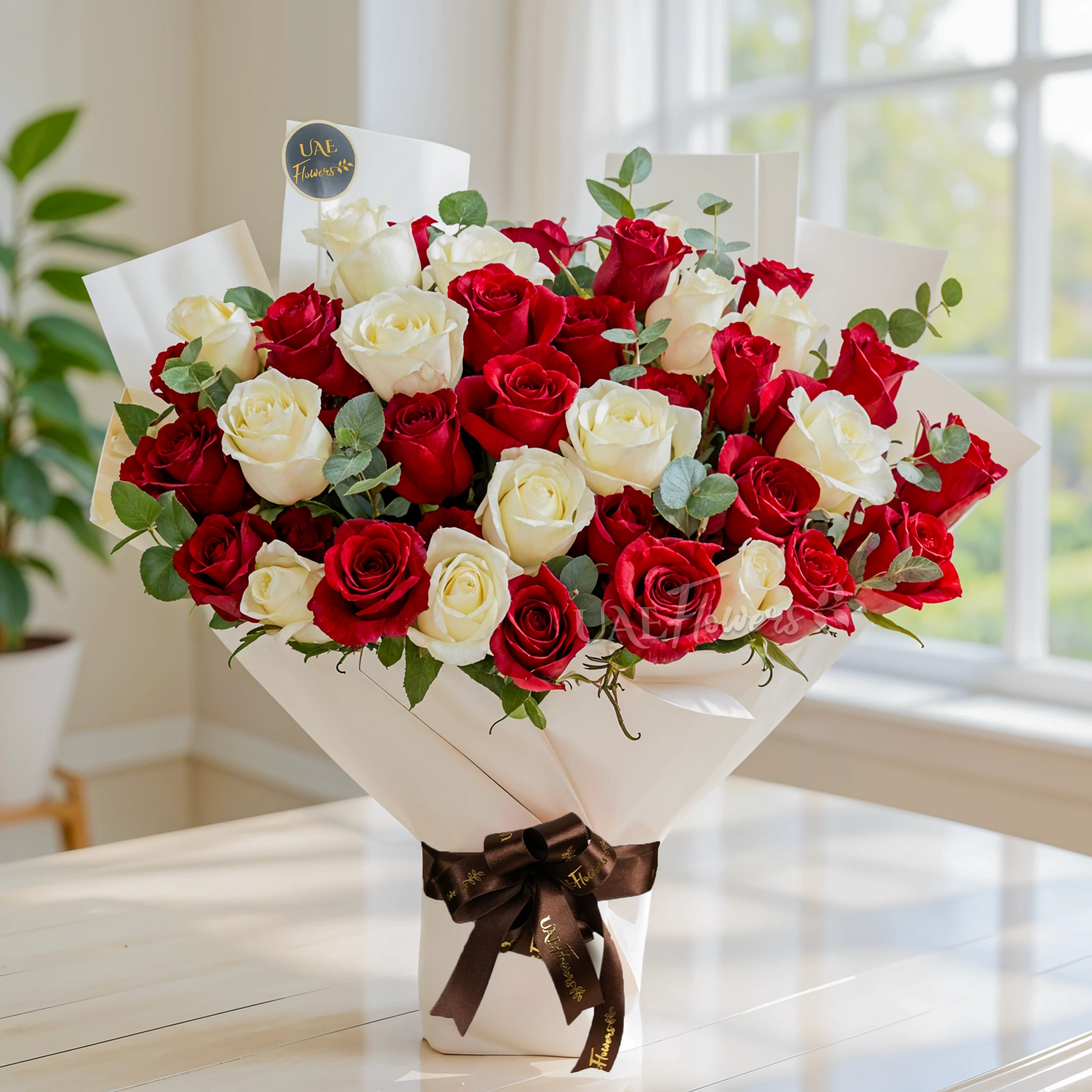 bouquet of 25 red and 15 white roses with green fillers in paper packing tied with ribbons