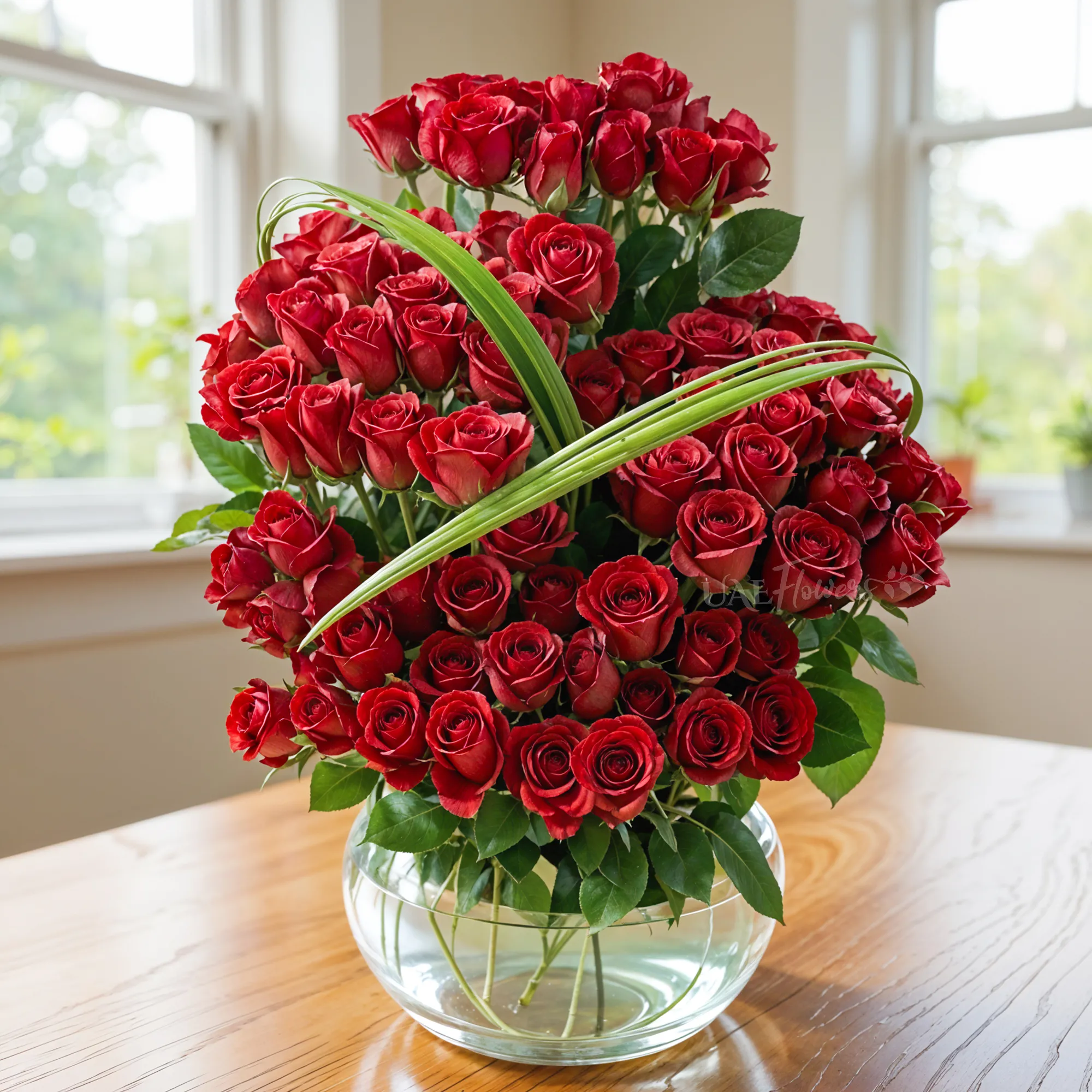 100 red roses in 4 steps and steel grass in a glass vase