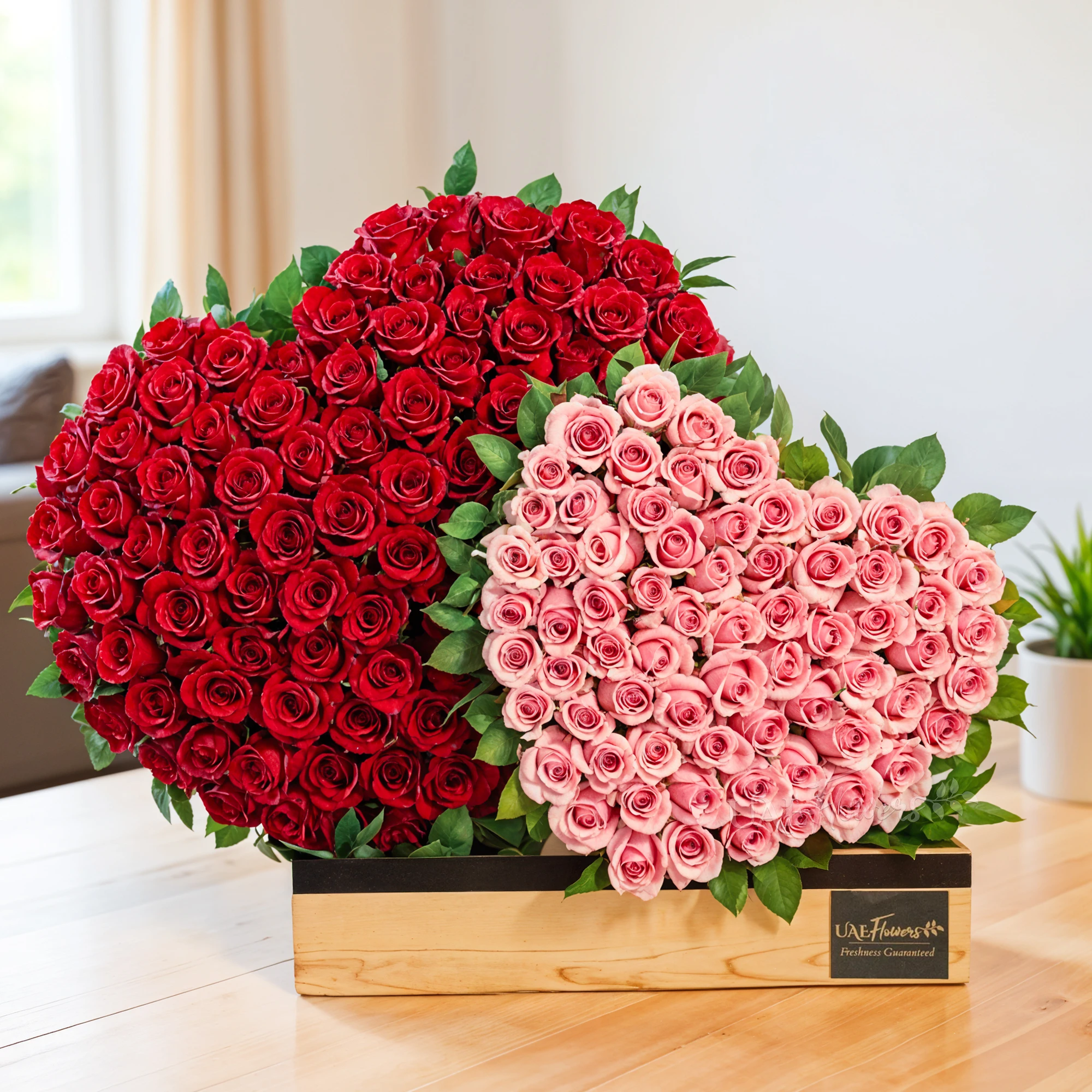 duo heart arrangement has 100 red roses and 50 pink roses