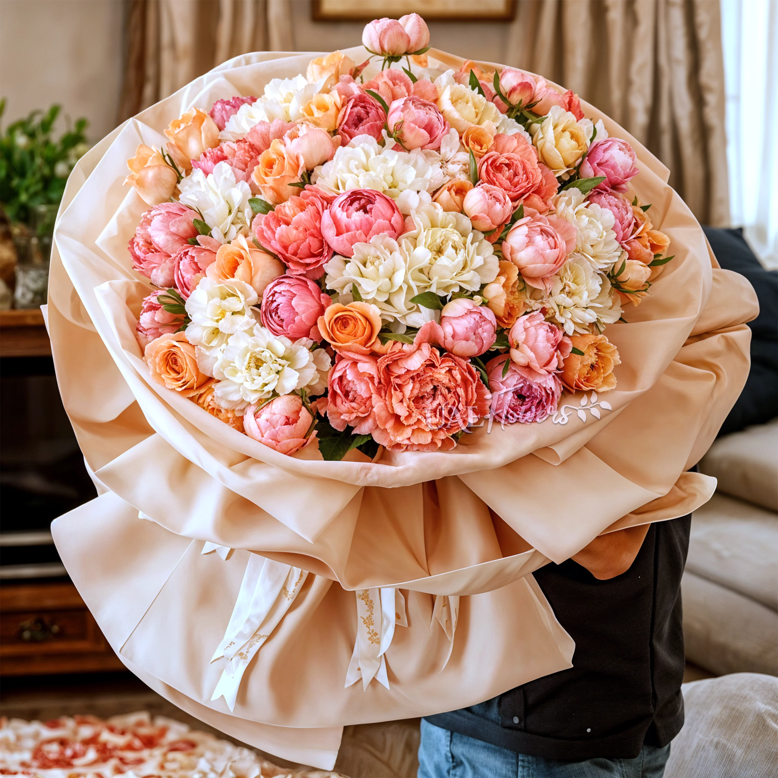 Bouquet of 20 pink peonies, 20 peach roses and 20 pink and white hydrangeas with fillers in pink packing.