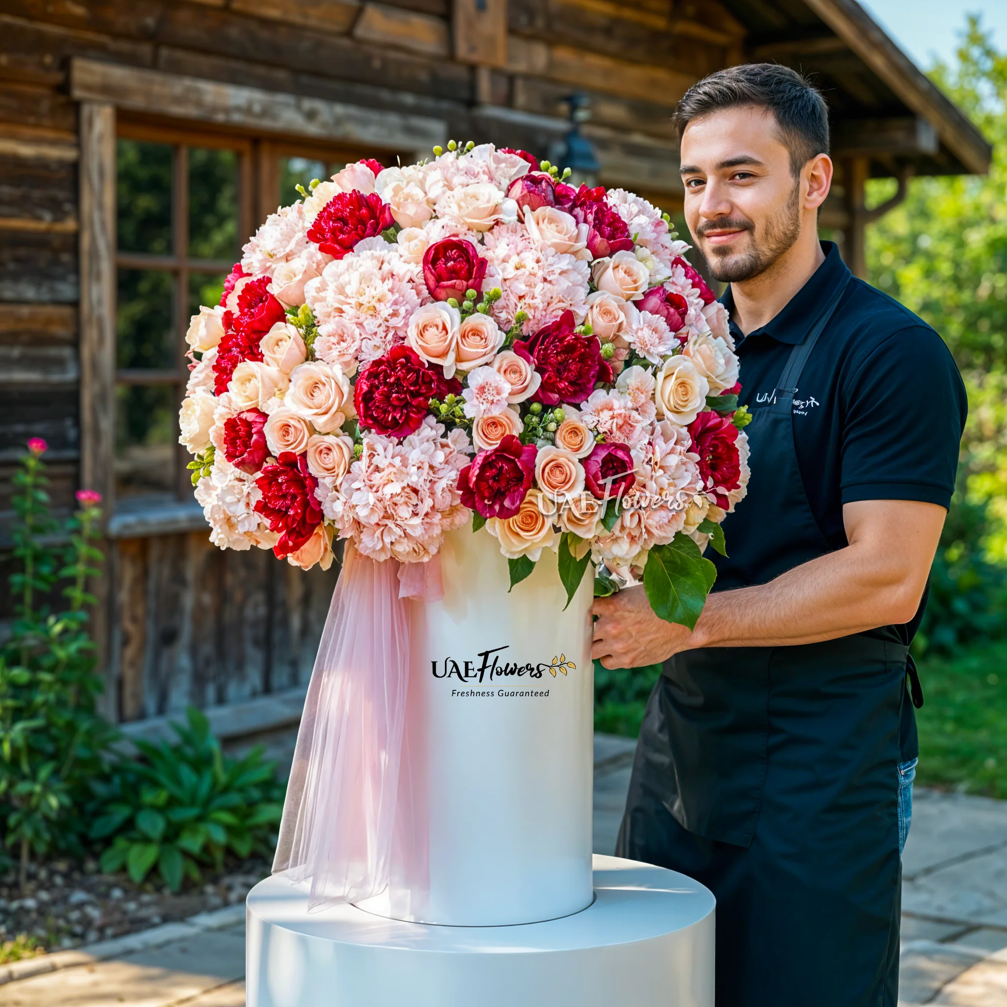 Tall round box with 20 pink hydrangeas, 20 red roses, 40 peach roses, 40 light pink carnations, and green hypericums.