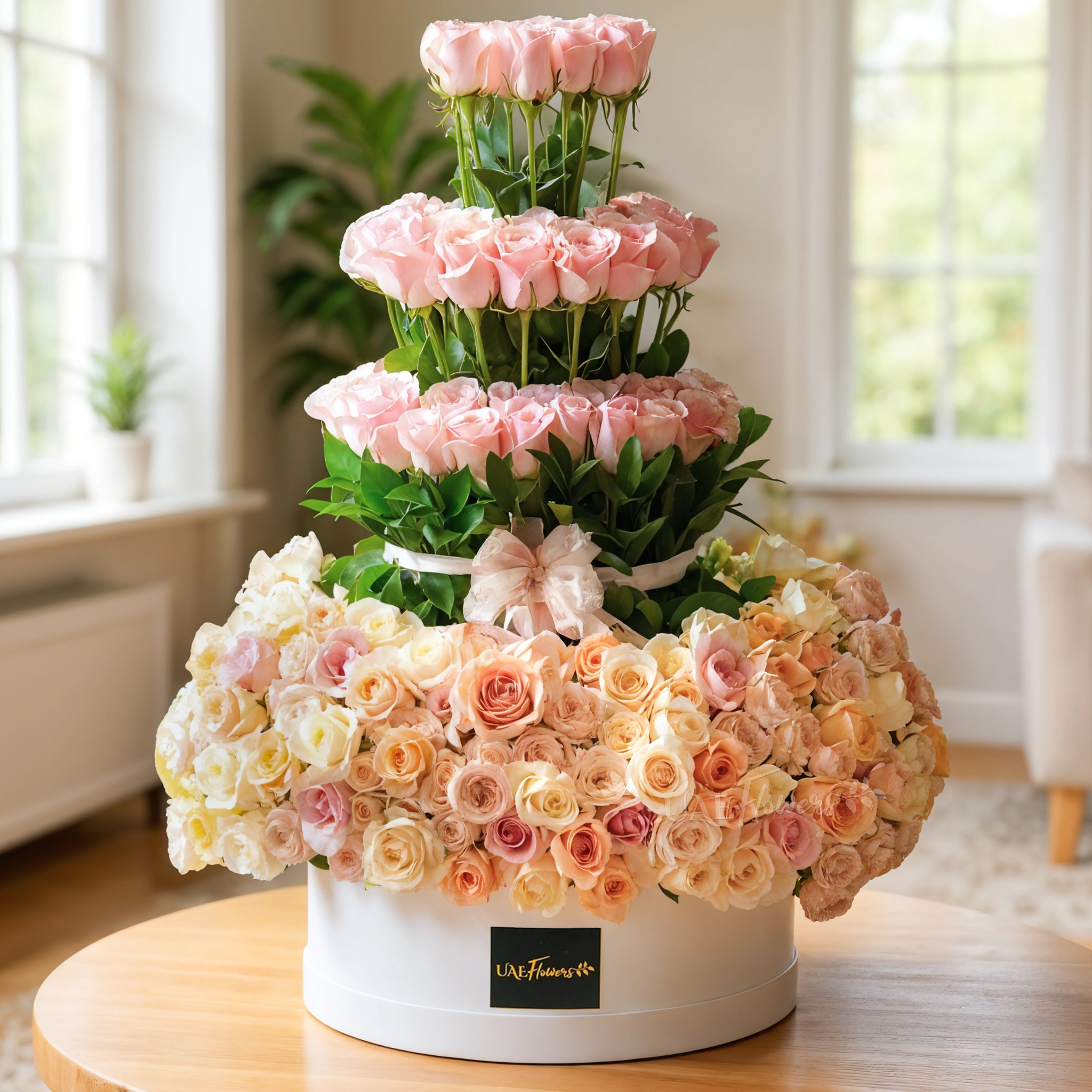 100 pink roses, 100 mixed pastel roses, and 30 pink spray roses.