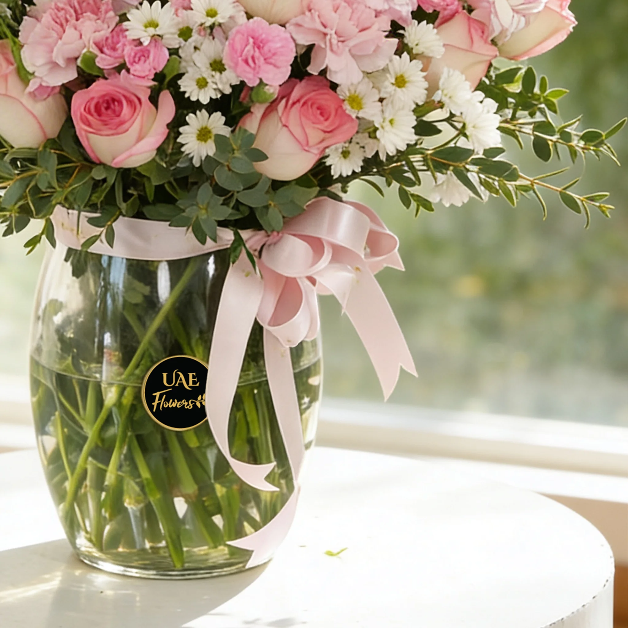 15 pink carnations, 15 pink roses, 10 pink spray carnations and 5 white chrysanthemums with green fillers in glass vase.