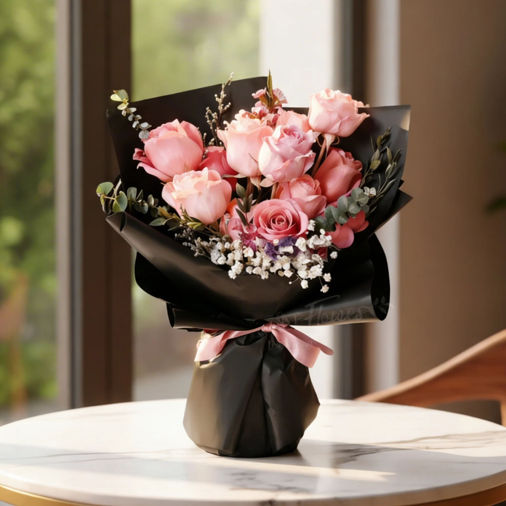 A bouquet of 12 pink roses with fillers in pink wrapping paper tied with pink ribbon
