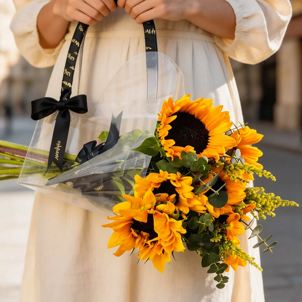 sunflower set with 6 stems and eucalyptus leaves arranged in an acrylic bag