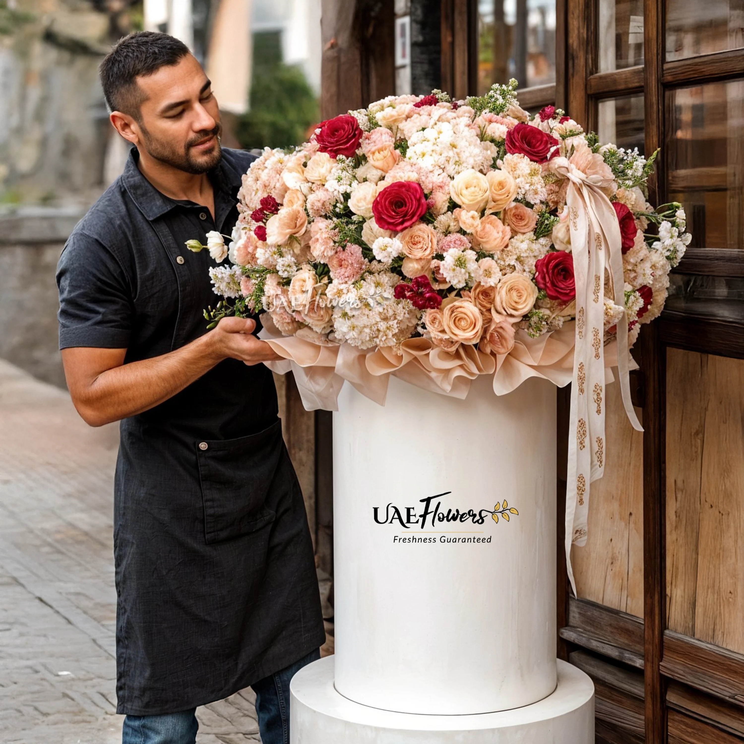 An arrangement of white hydrangeas, white Mattihola, white roses, pink Carnations, white spray roses, fushia spray roses, and fushia pink roses with green fillers with pink ribbons in a tall round box.