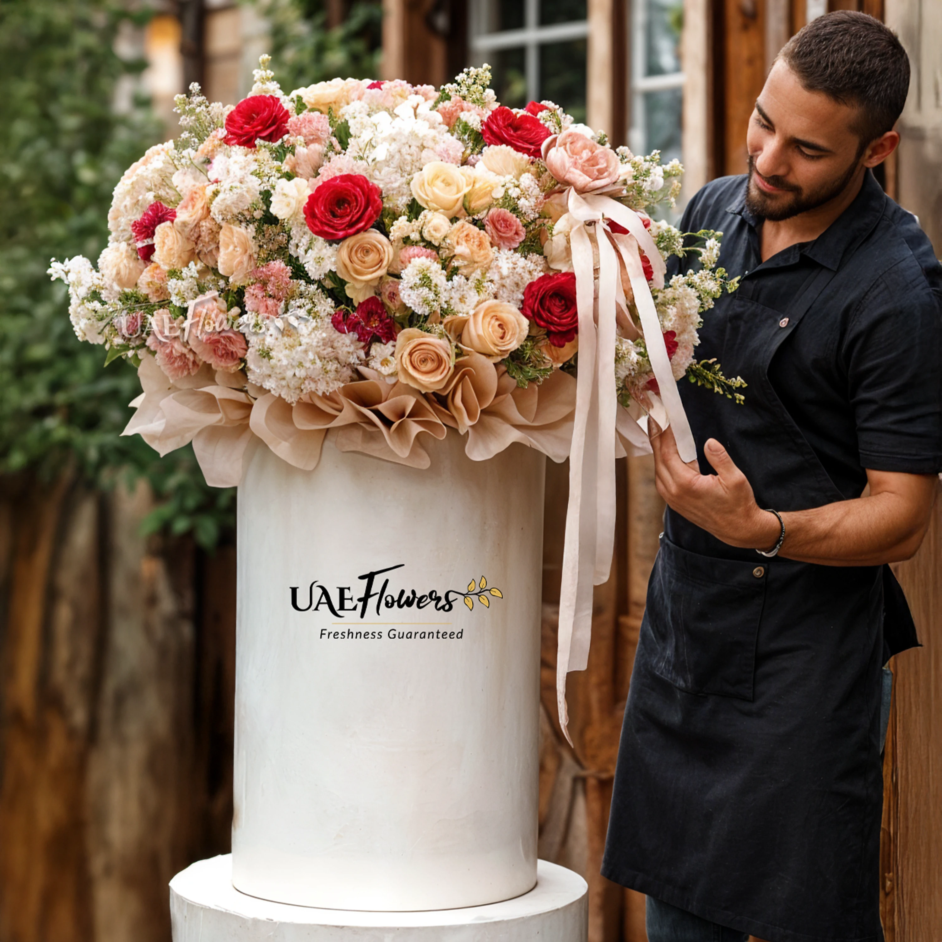An arrangement of white hydrangeas, white Mattihola, white roses, pink Carnations, white spray roses, fushia spray roses, and fushia pink roses with green fillers with pink ribbons in a tall round box.
