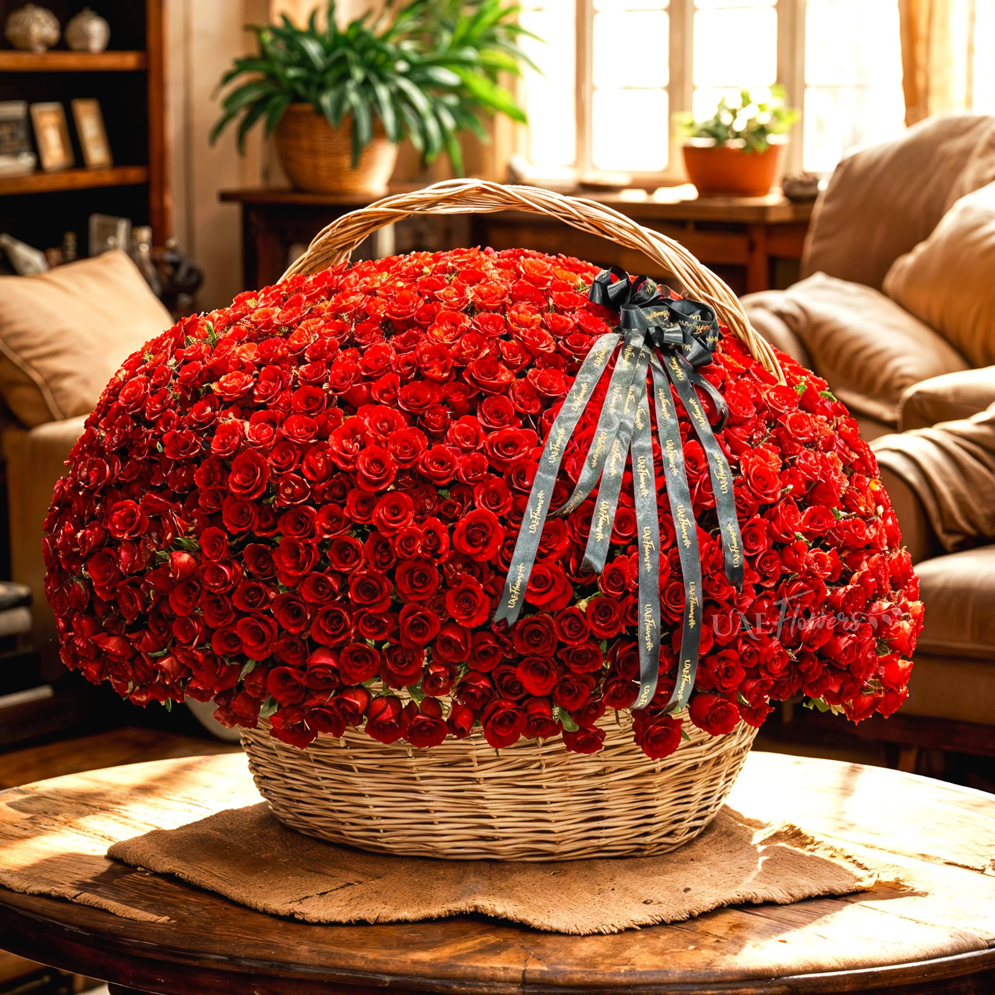 Wicker basket filled with 1000 premium red roses and tied with black satin ribbon