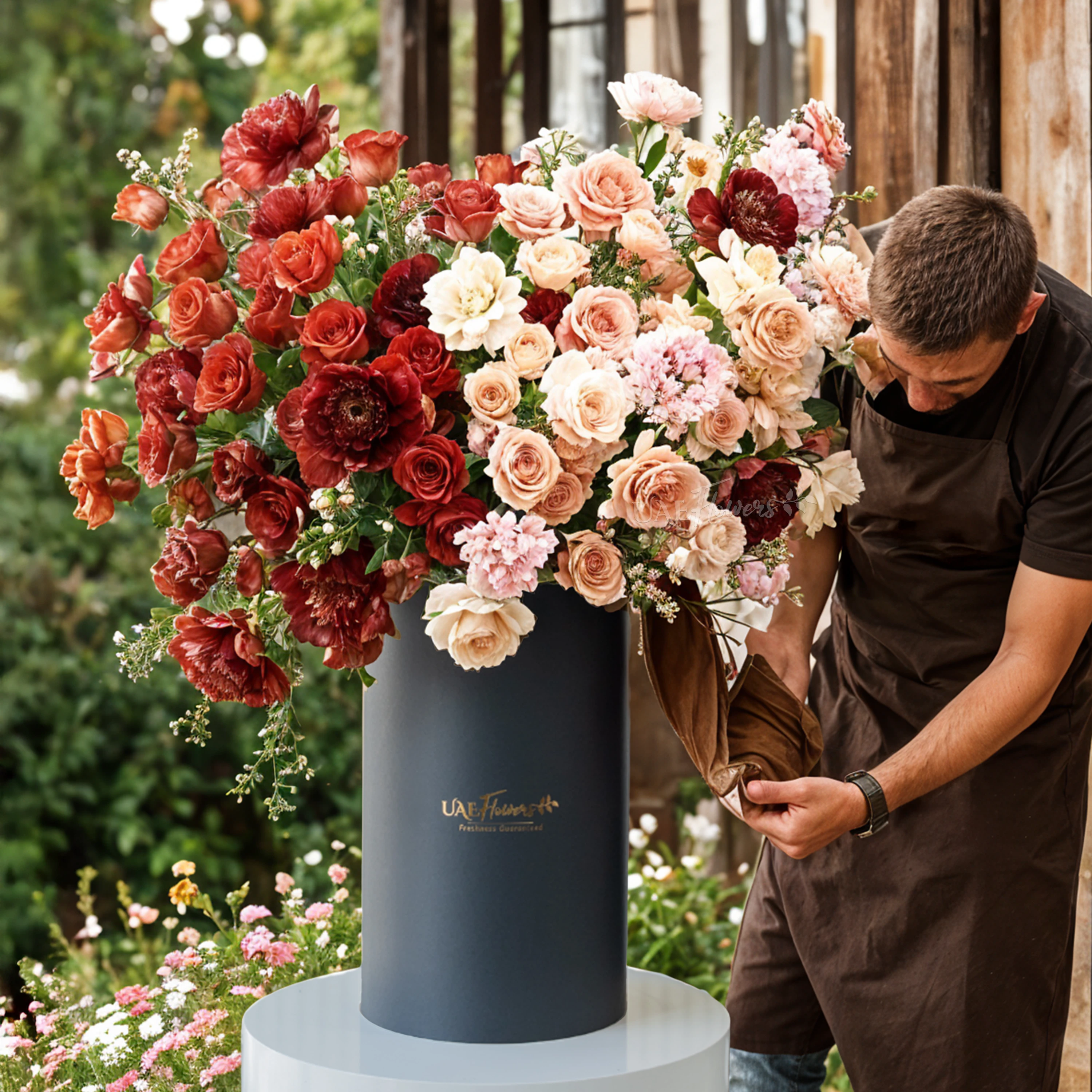 Red roses, Cappuccino roses, Red and pink peonies and White hypericum with green fillers and red net in a tall round box.