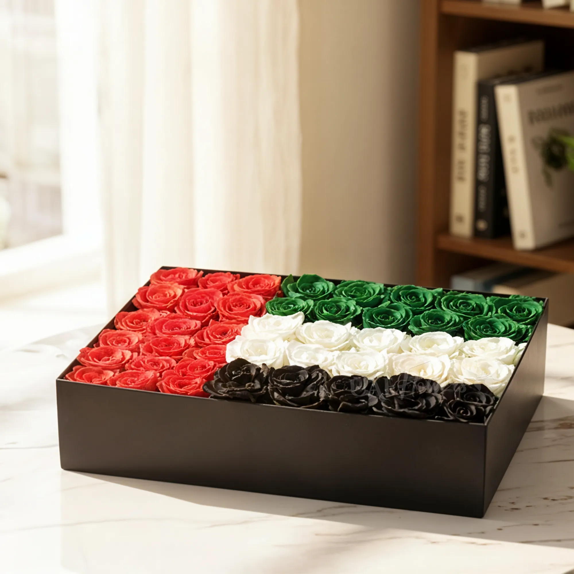 18 red roses, 10 green roses, 10 white roses, and 10 black sprayed roses in a black box