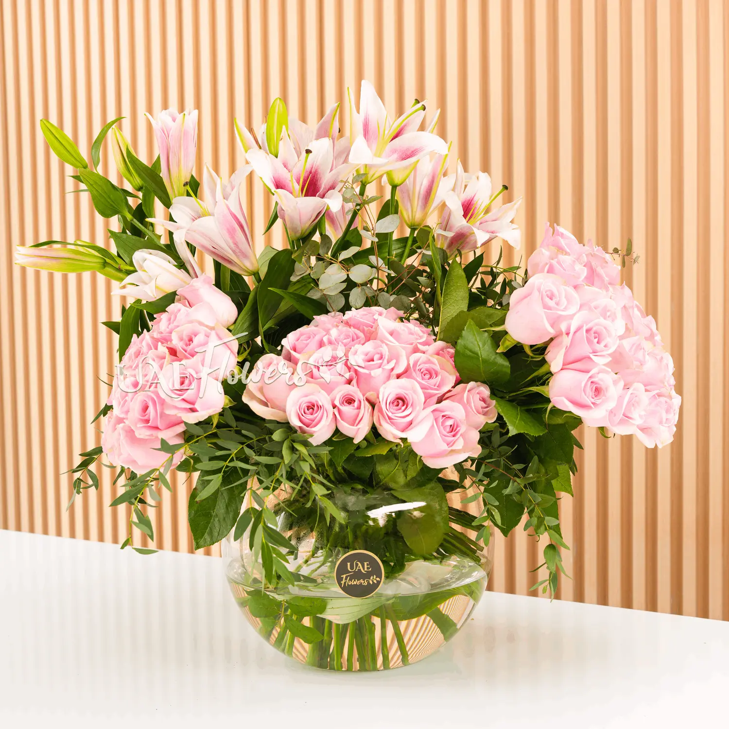 45 pink roses and 3 pink lilies