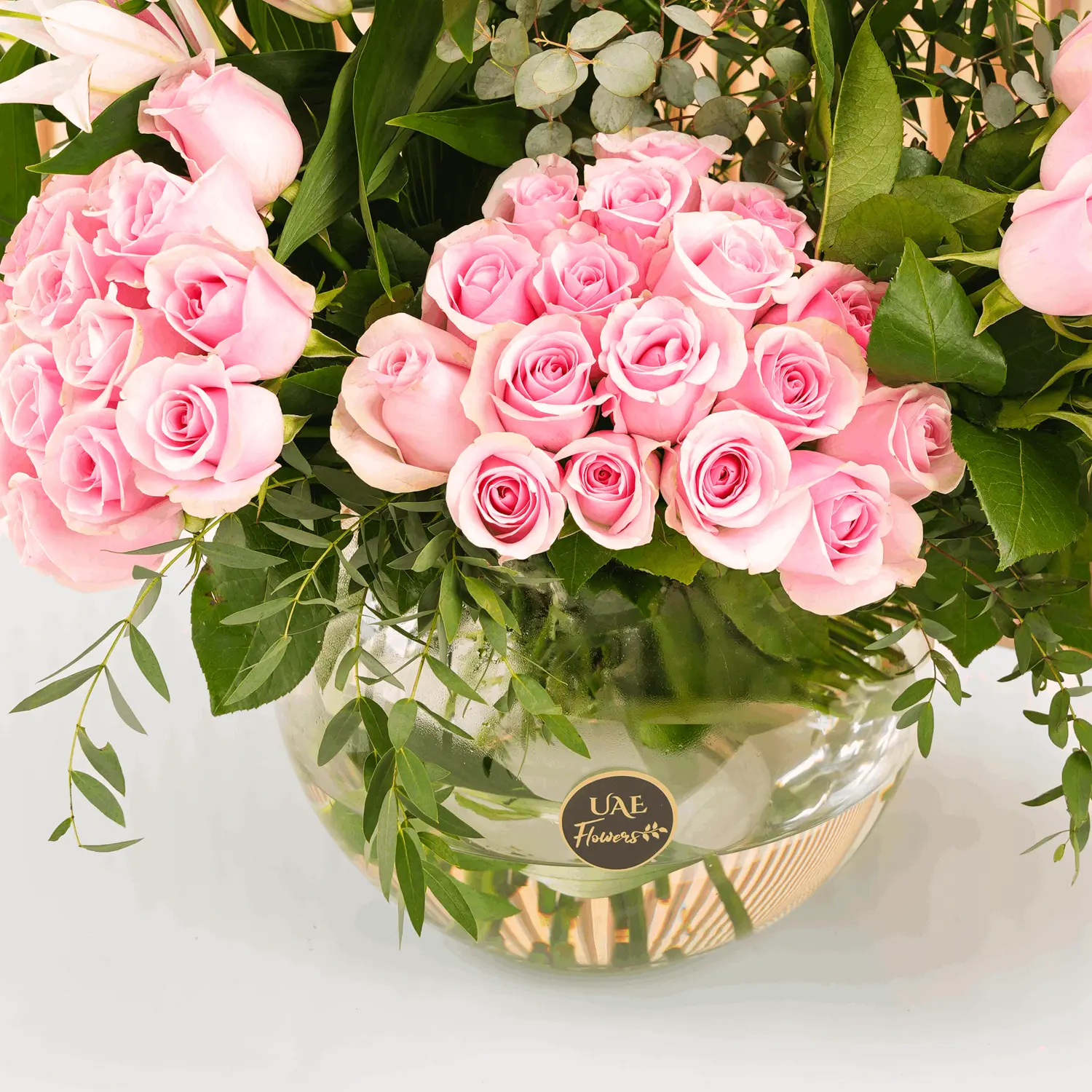 45 pink roses and 3 pink lilies