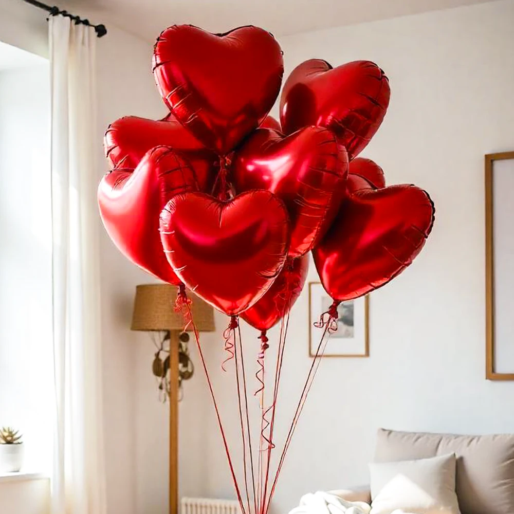 set of 10 red heart-shaped foil balloons