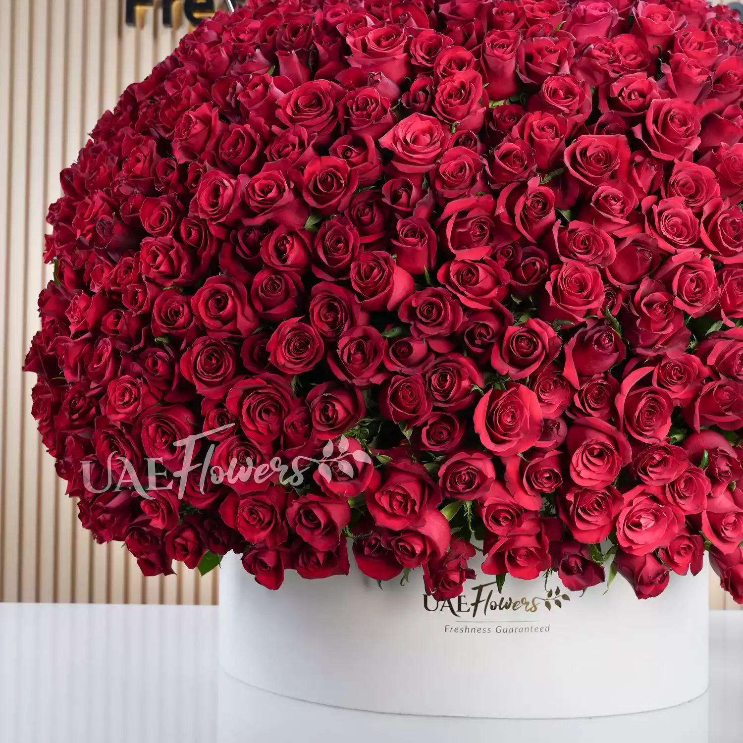 round box arrangement of 1000 red roses