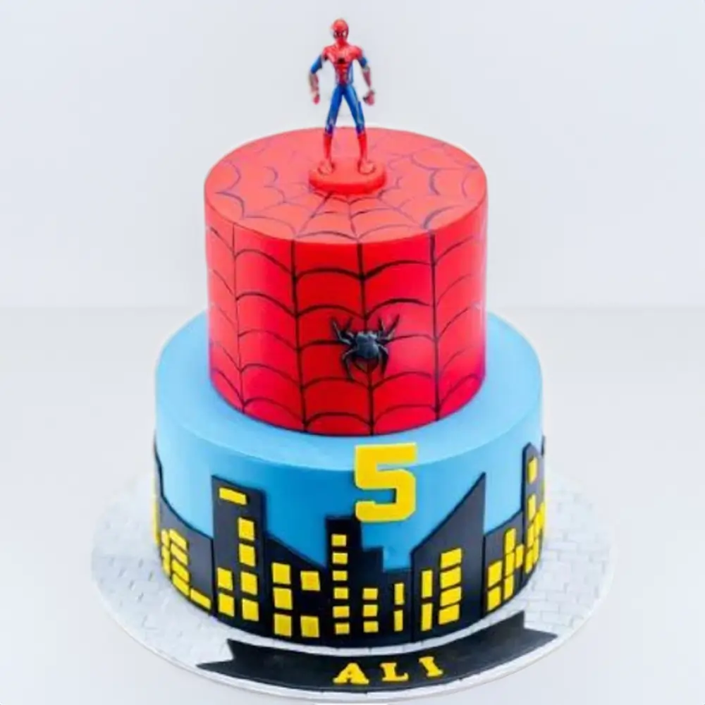 tall Spiderman-themed cake perfect for birthdays and parties
