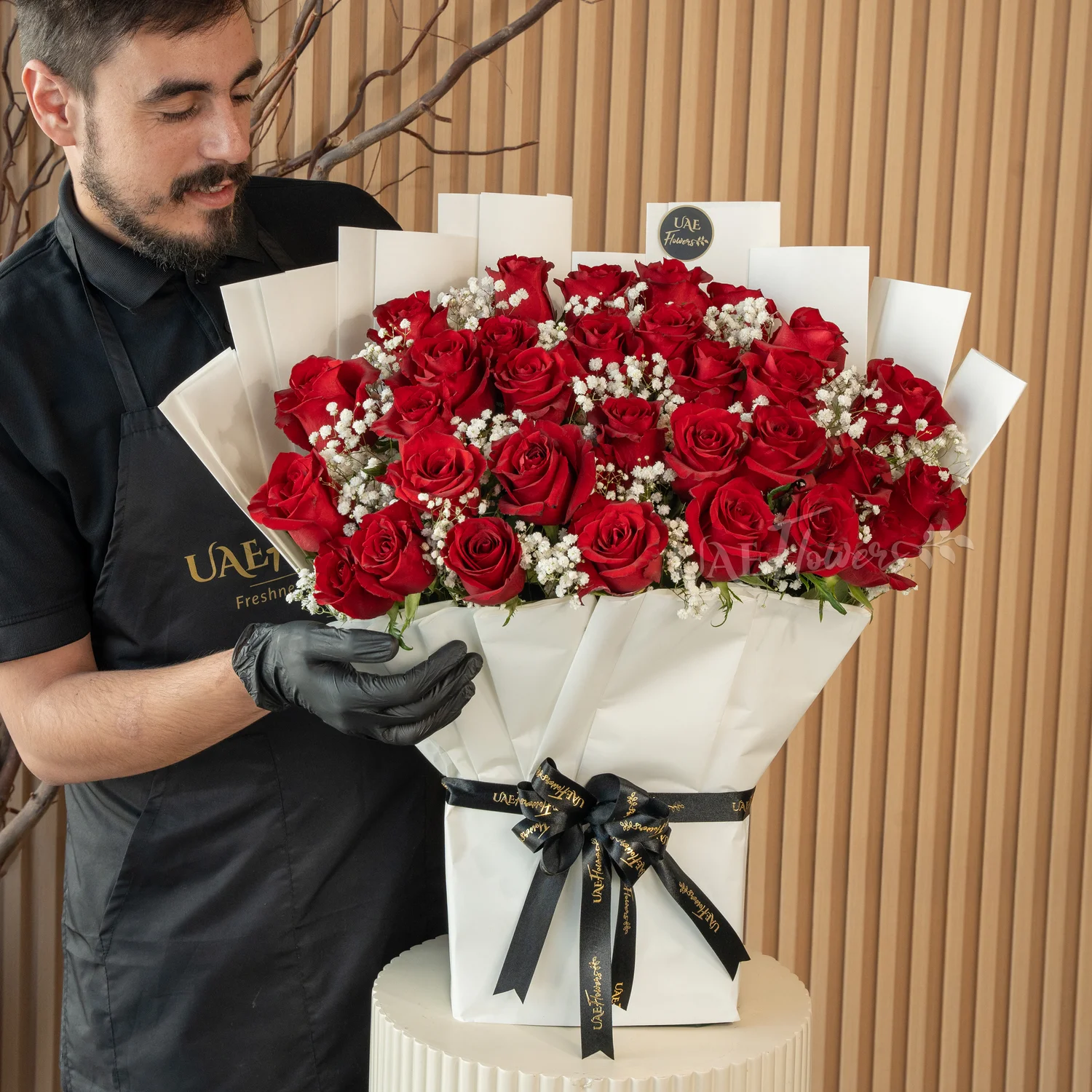 bouquet of 30 red roses with green fillers