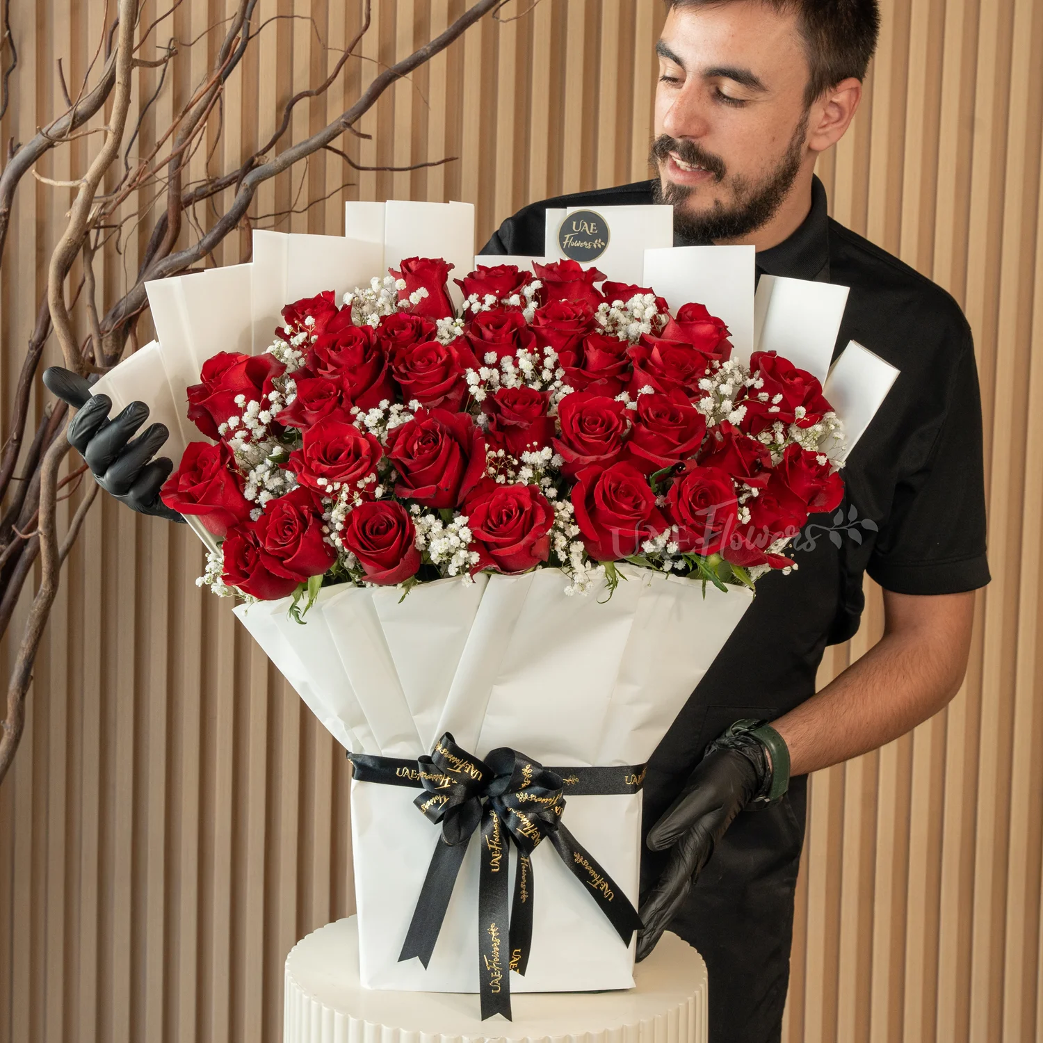 bouquet of 30 red roses with green fillers
