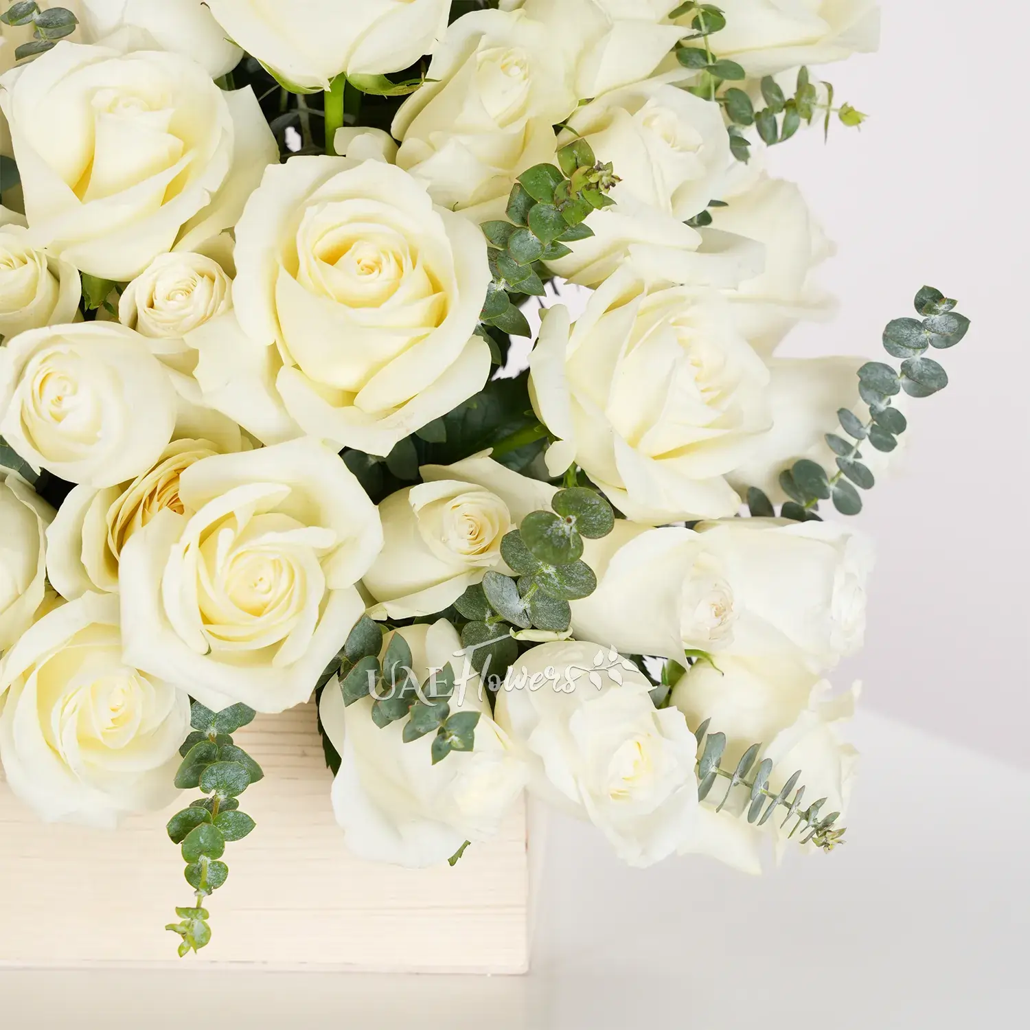 Wooden box with 40 white roses, fresh eucalyptus leaves, and green fillers for an elegant floral display.