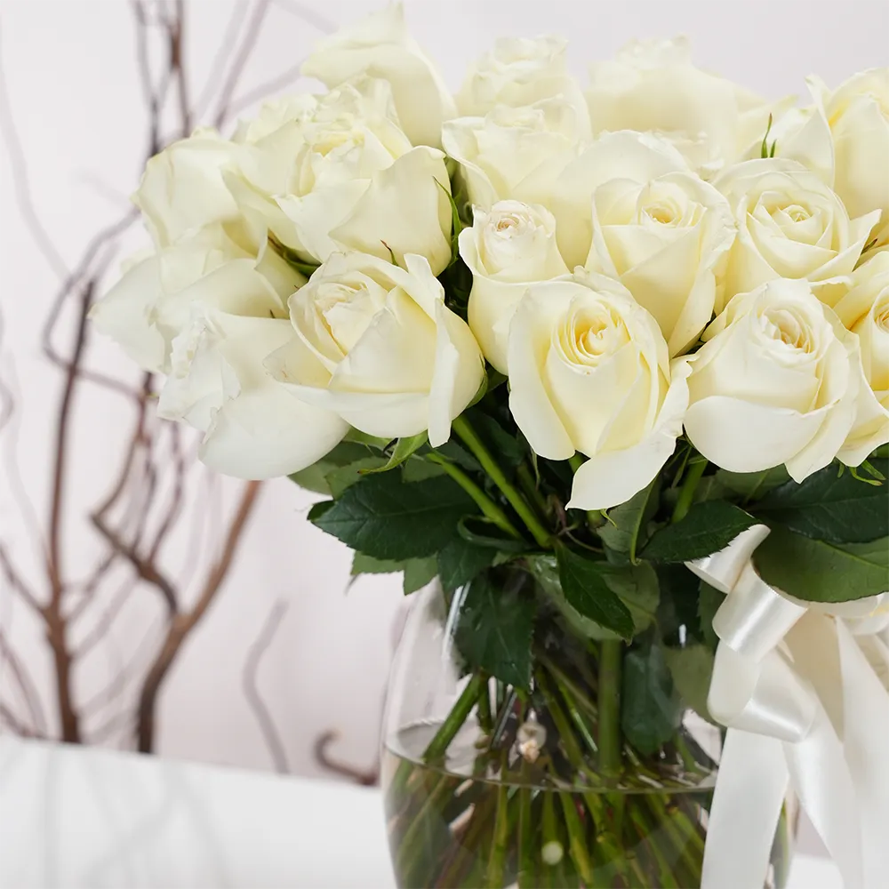 Glass vase with 40 white roses, green fillers, and a delicate white ribbon.